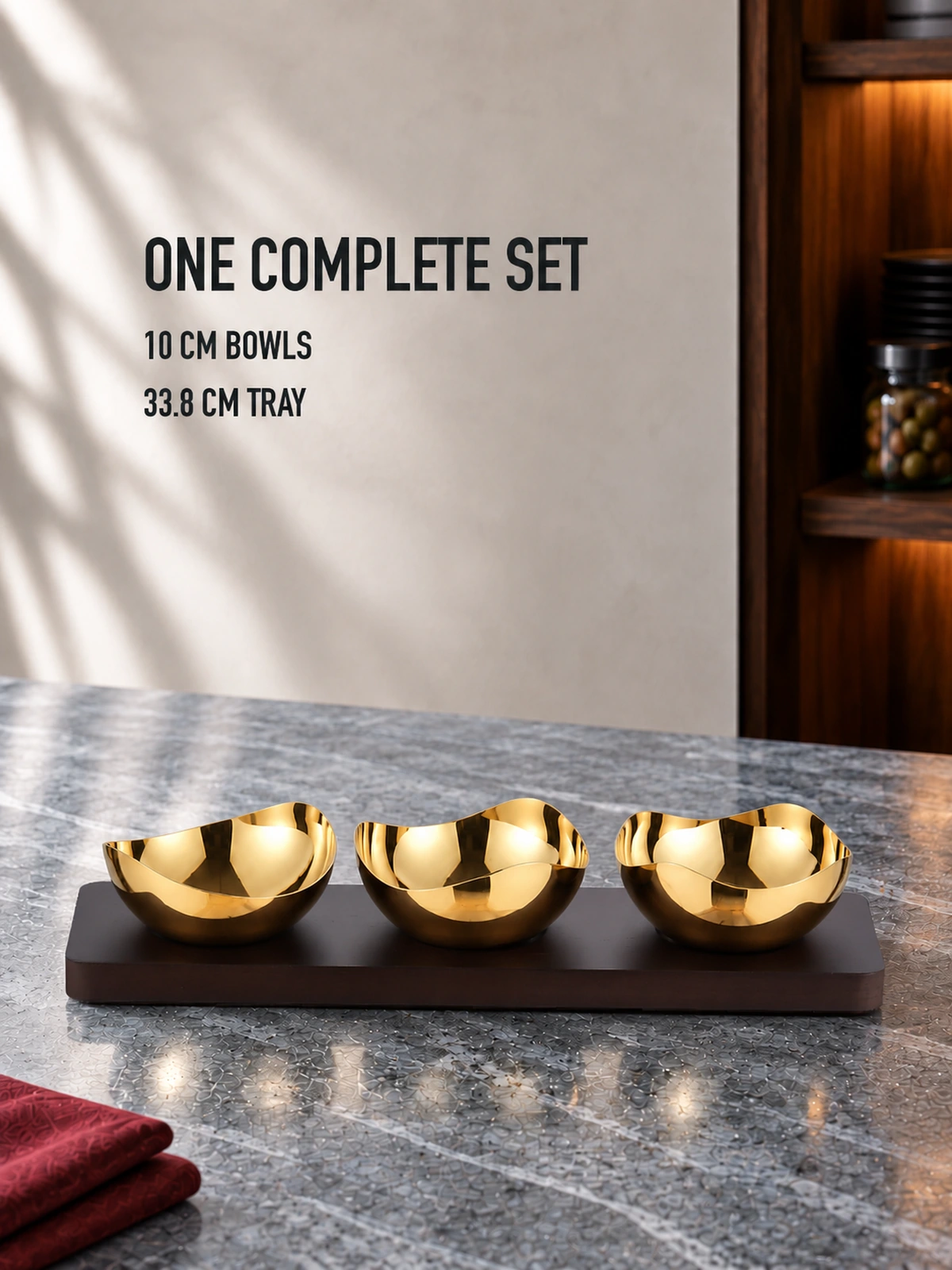 Bowl and tray dimensions of the Mirror-Polished Gold-Plated Mixed-Wave Nut Bowl Set with Wooden Tray