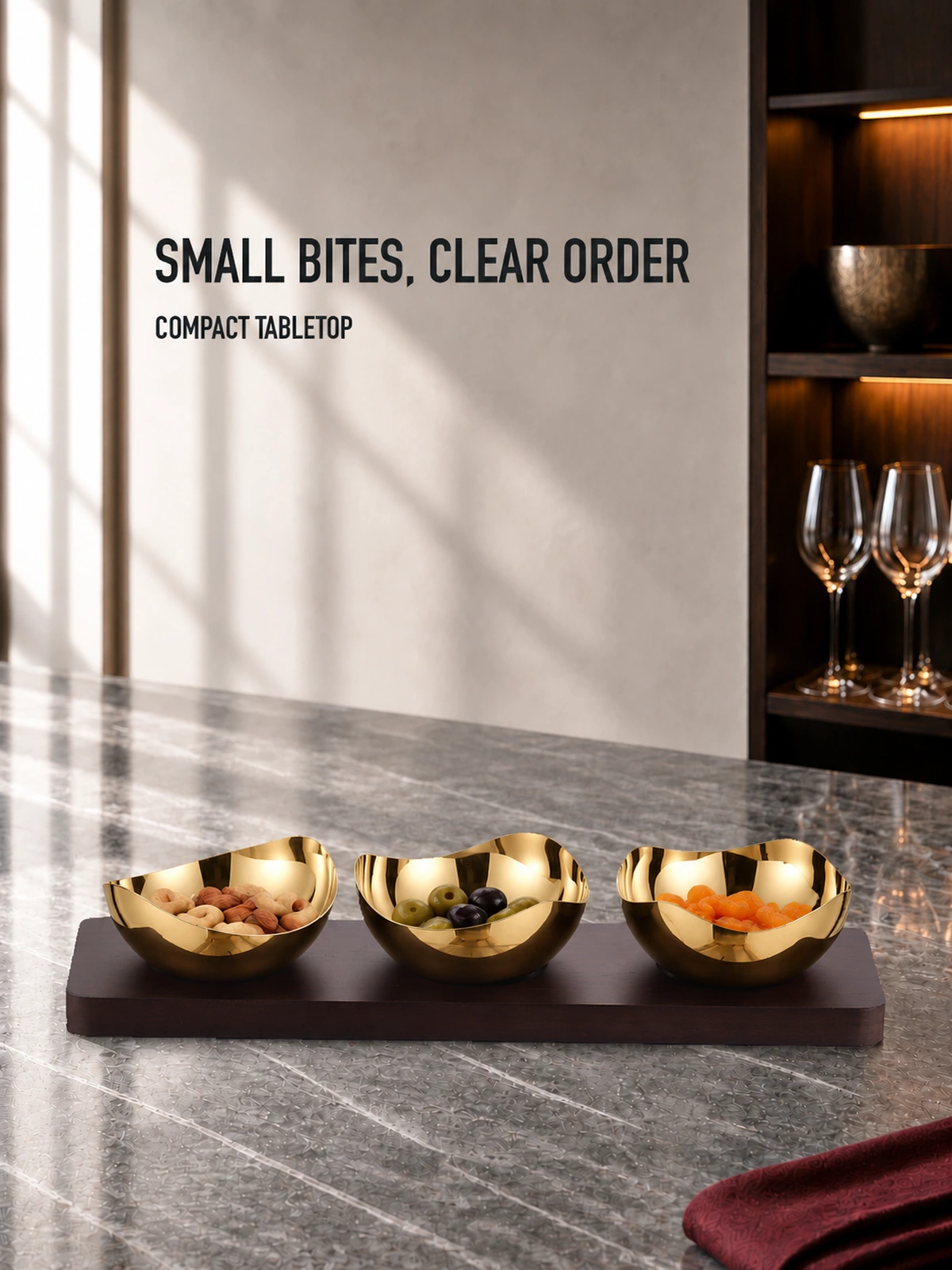 Tabletop use of the Mirror-Polished Gold-Plated Mixed-Wave Nut Bowl Set with Wooden Tray