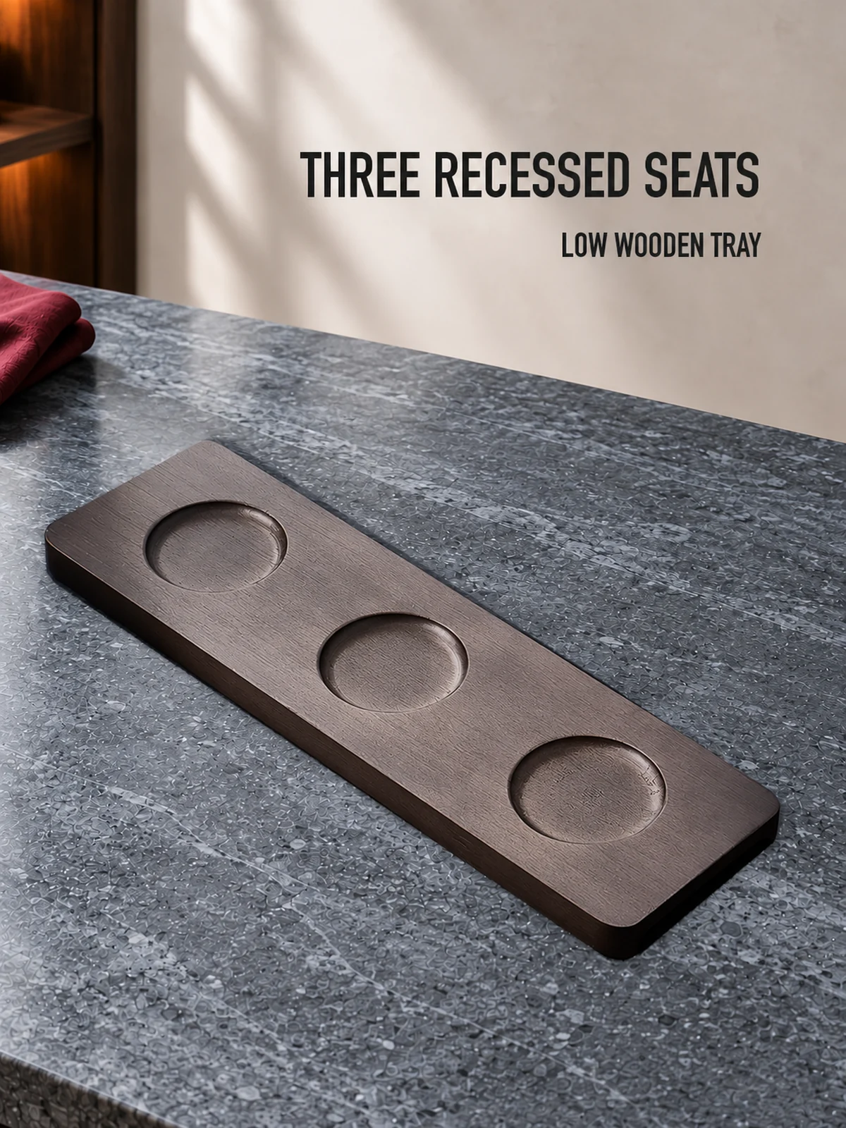 Wooden tray with recessed bowl seats