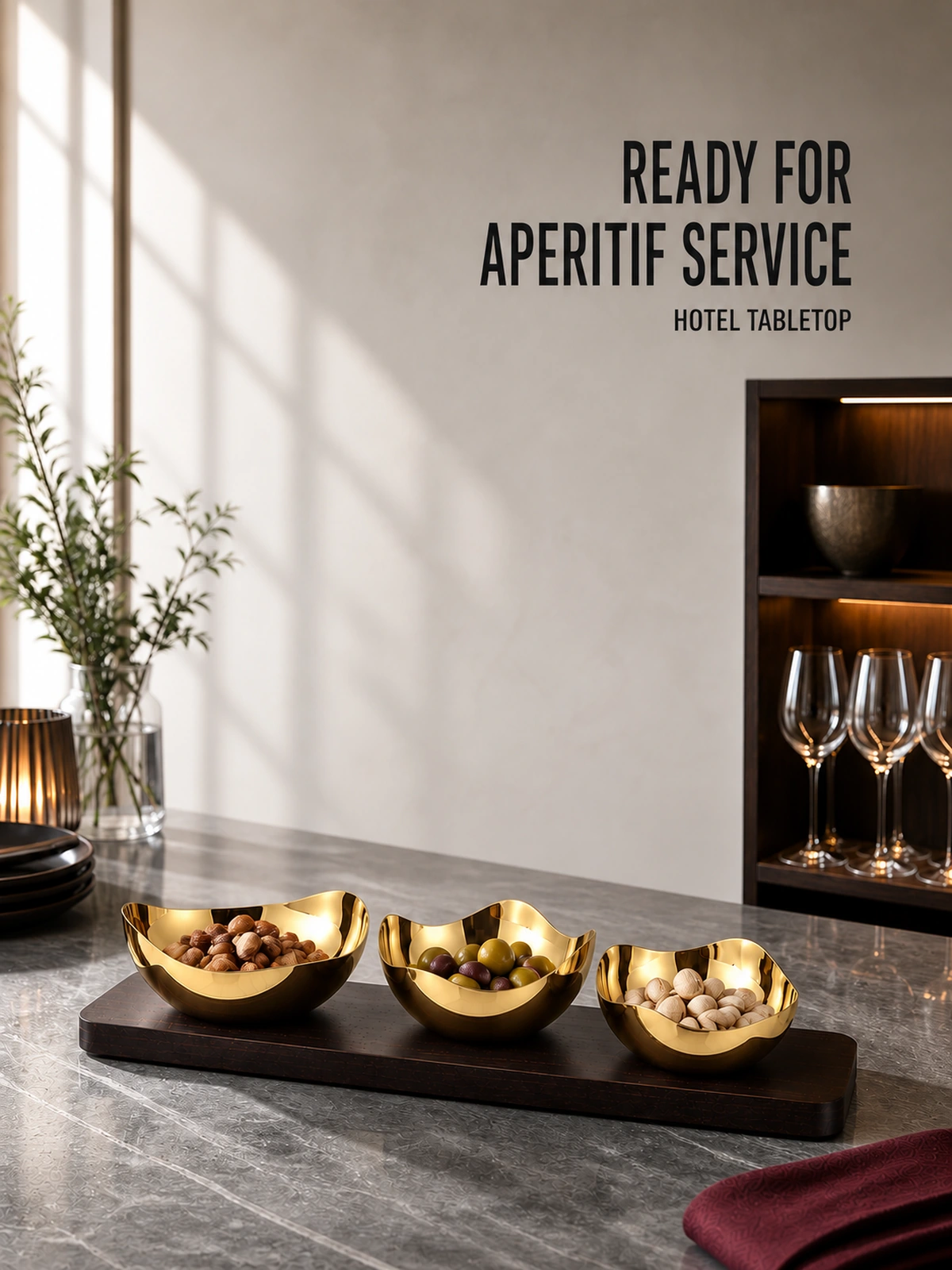 Hospitality use of the three-bowl tray set