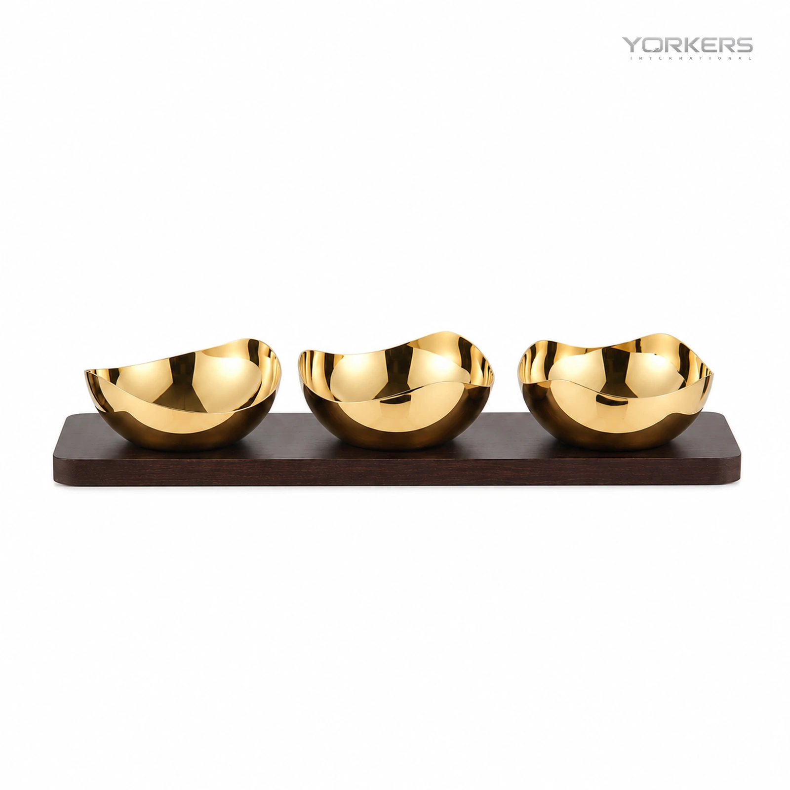 Mirror-Polished Gold-Plated Mixed-Wave Nut Bowl Set with Wooden Tray — stainless steel product by Yorkers International