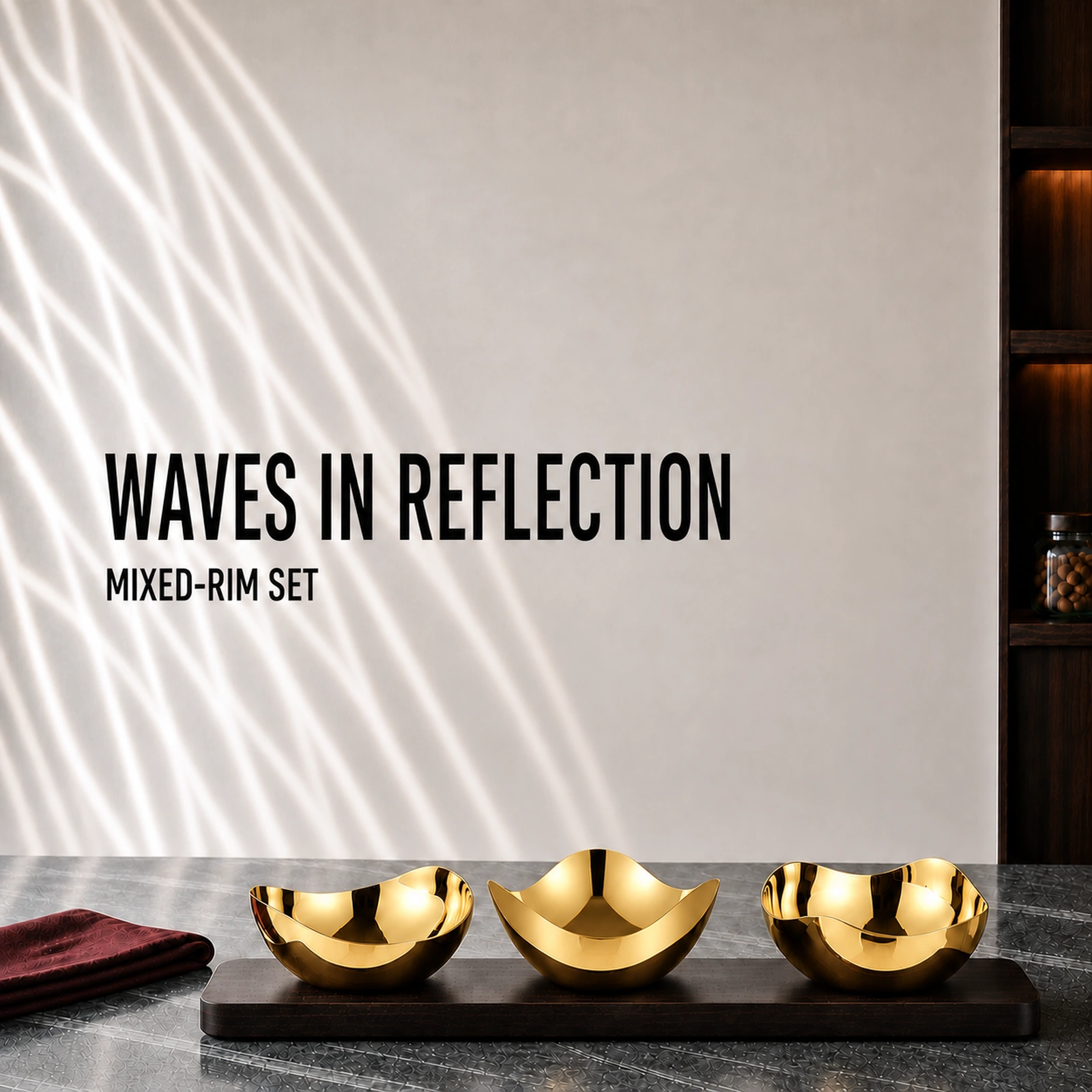 Mirror-Polished Gold-Plated Mixed-Wave Nut Bowl Set with Wooden Tray view 2