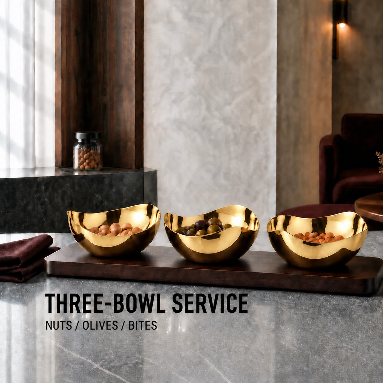 Mirror-Polished Gold-Plated Mixed-Wave Nut Bowl Set with Wooden Tray view 3