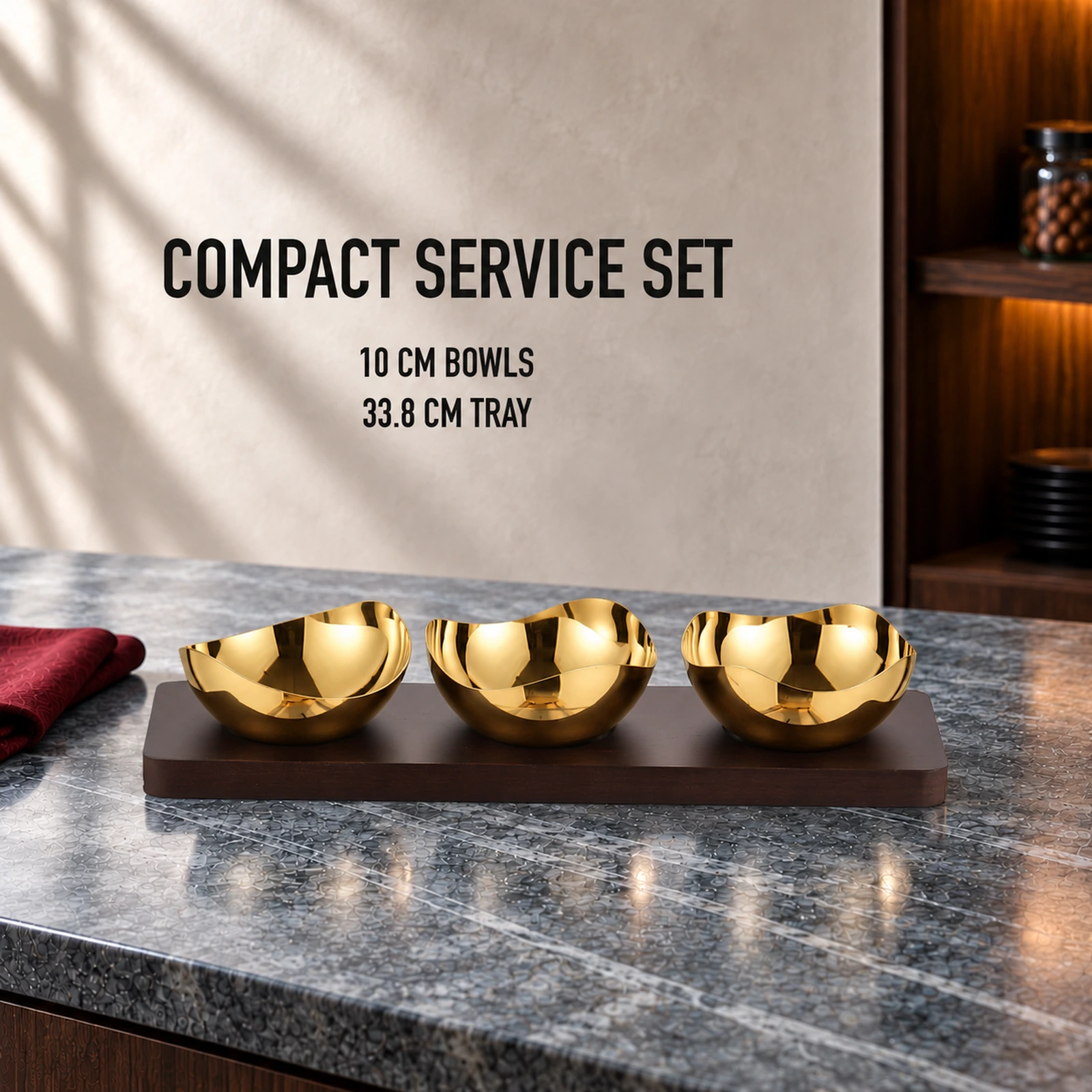 Mirror-Polished Gold-Plated Mixed-Wave Nut Bowl Set with Wooden Tray view 4
