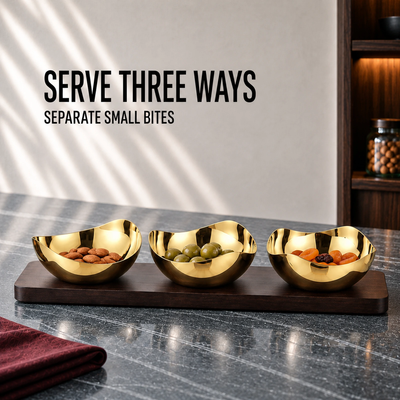 Mirror-Polished Gold-Plated Mixed-Wave Nut Bowl Set with Wooden Tray view 5