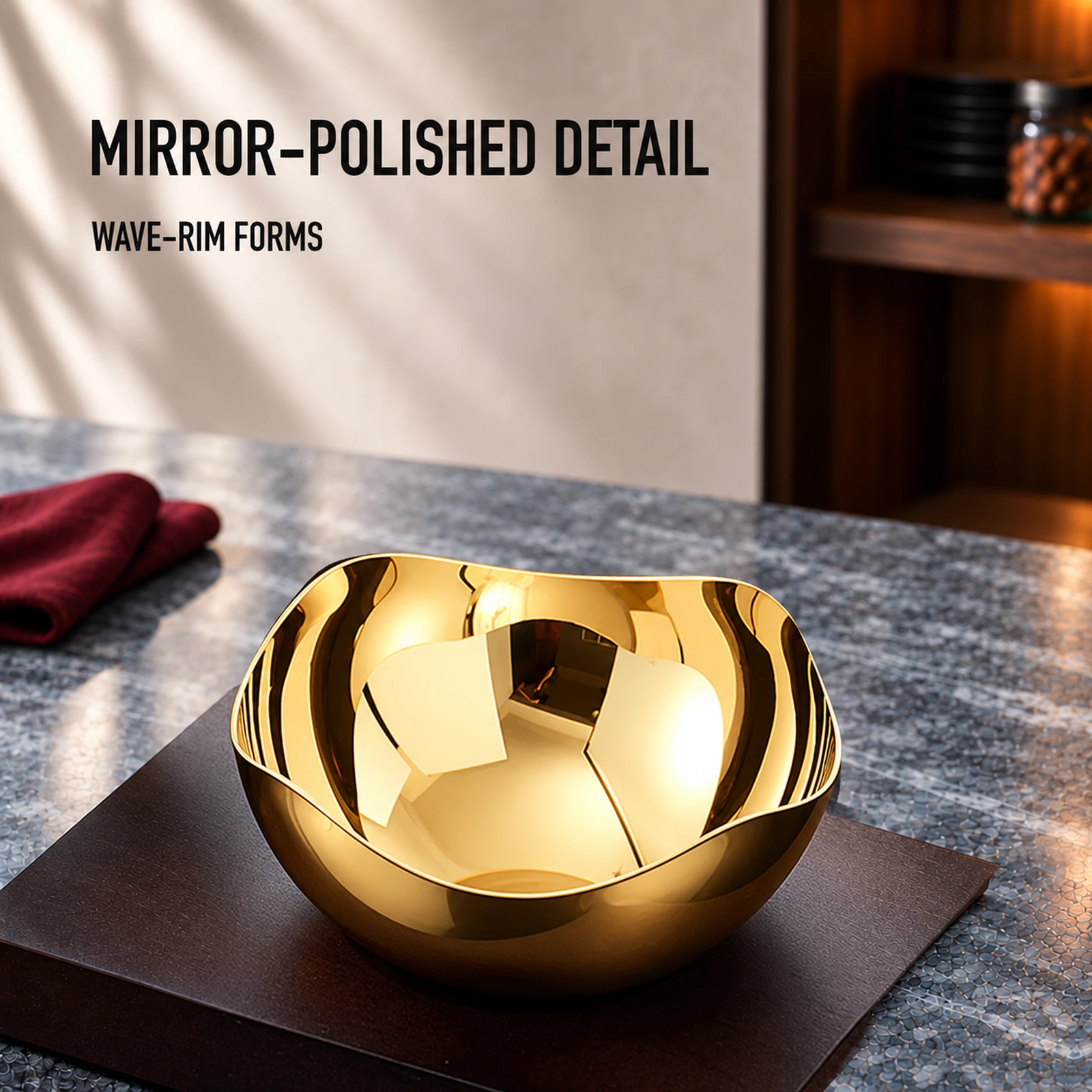 Mirror-Polished Gold-Plated Mixed-Wave Nut Bowl Set with Wooden Tray view 6