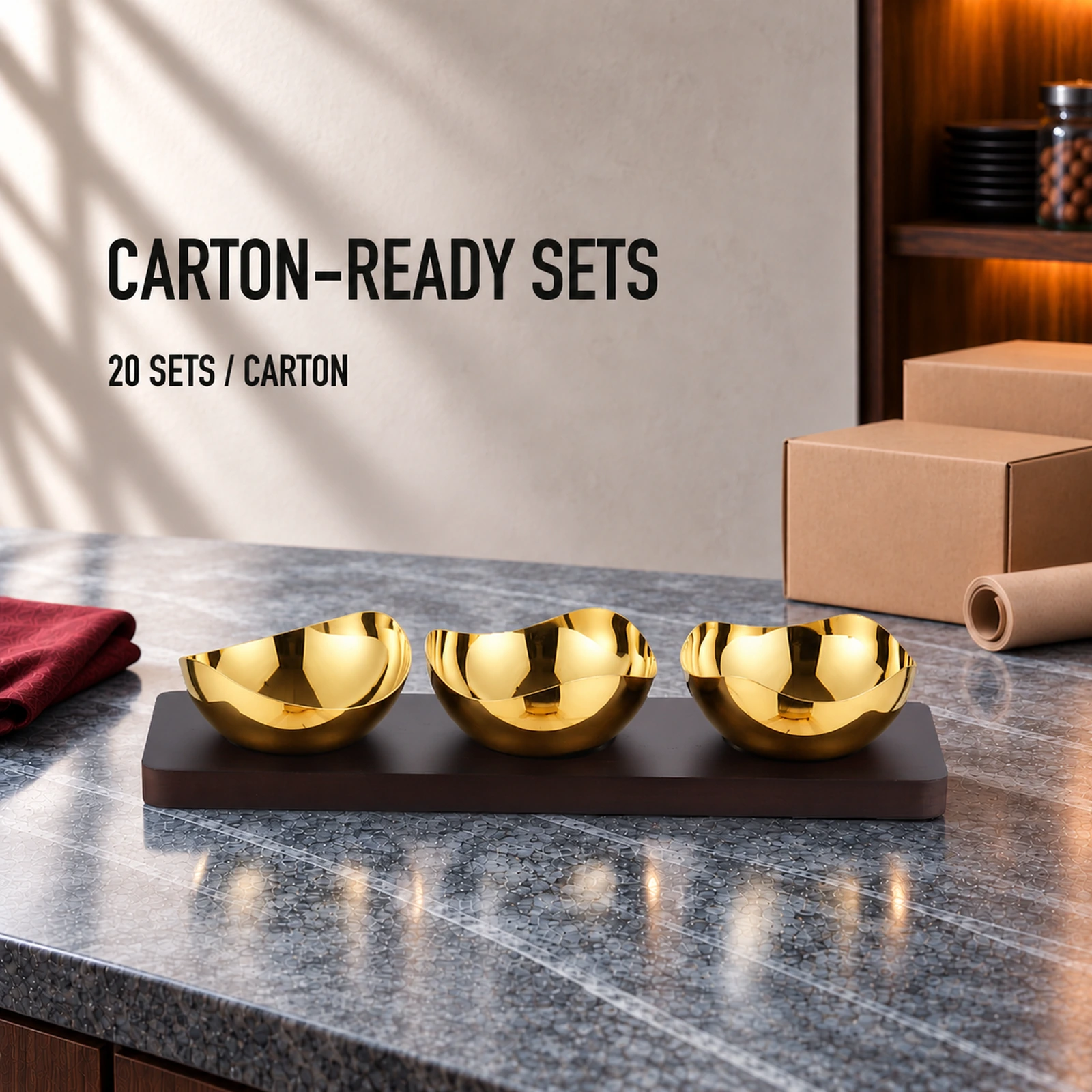 Mirror-Polished Gold-Plated Mixed-Wave Nut Bowl Set with Wooden Tray view 7