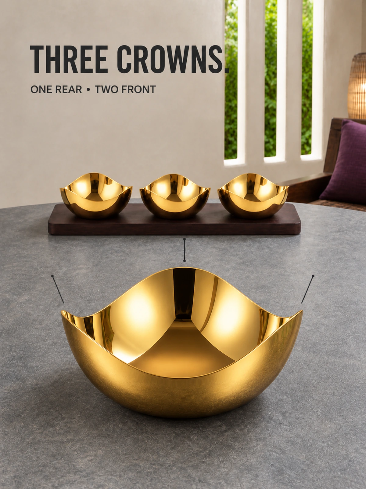 Complete Mirror-Polished Gold-Plated Three-Petal Nut Bowl Set with Wooden Tray
