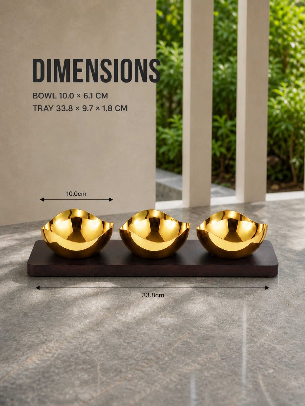 Bowl and tray dimensions of the Mirror-Polished Gold-Plated Three-Petal Nut Bowl Set with Wooden Tray