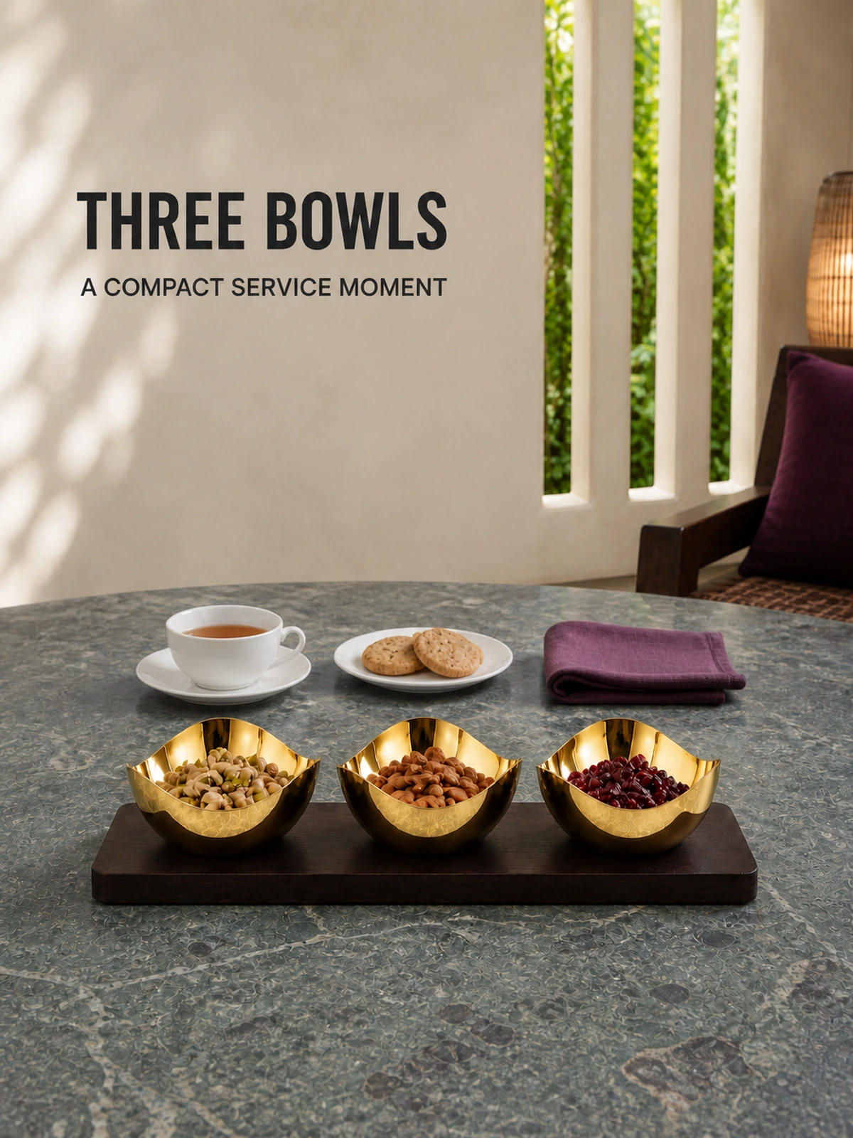 Tabletop use of the Mirror-Polished Gold-Plated Three-Petal Nut Bowl Set with Wooden Tray