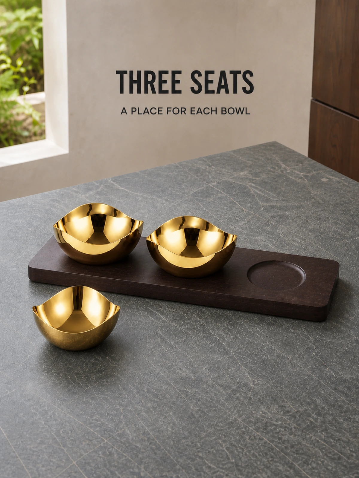 Wooden tray with recessed bowl seats