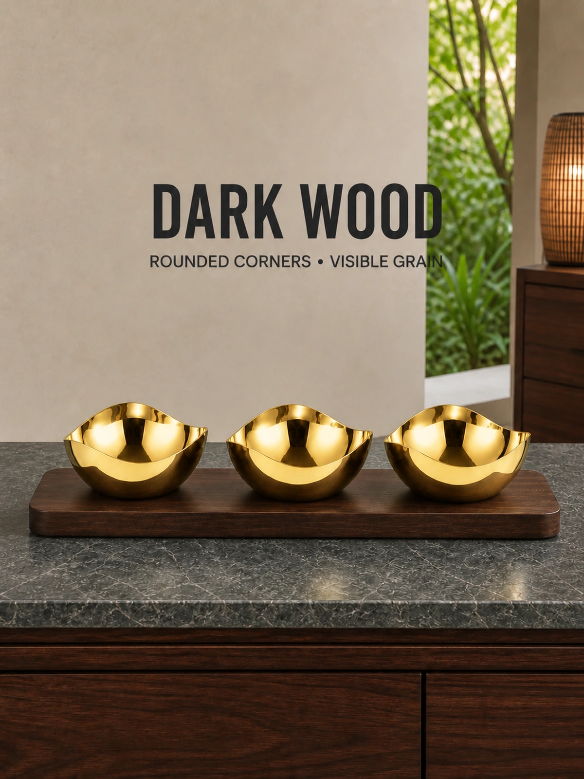 Dark wooden tray with rounded corners and visible grain