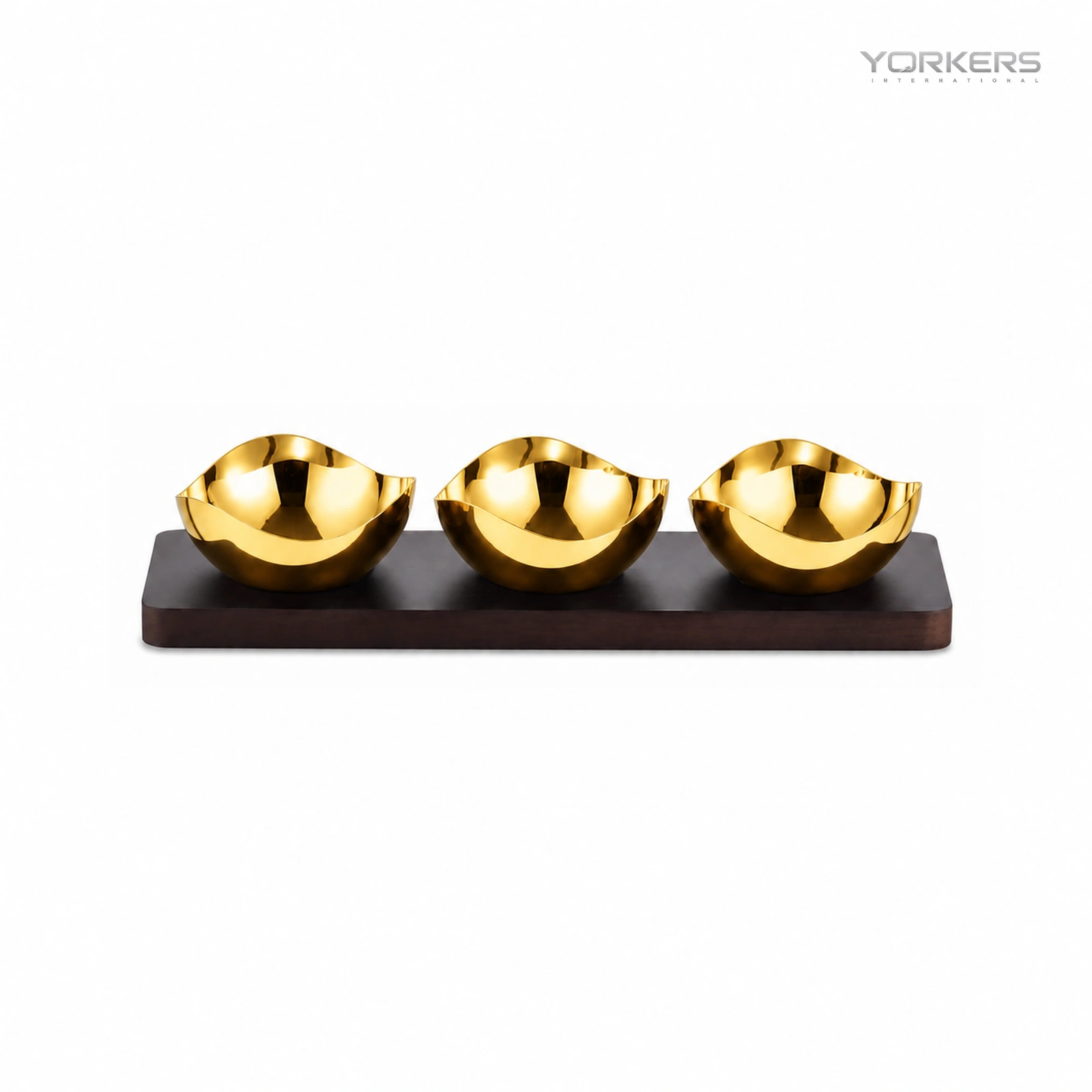 Mirror-Polished Gold-Plated Three-Petal Nut Bowl Set with Wooden Tray — stainless steel product by Yorkers International