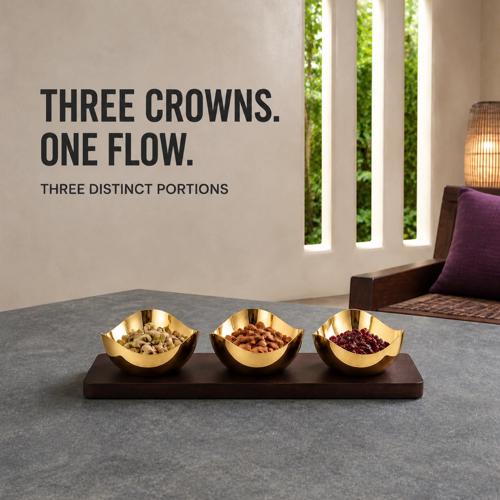 Mirror-Polished Gold-Plated Three-Petal Nut Bowl Set with Wooden Tray view 2