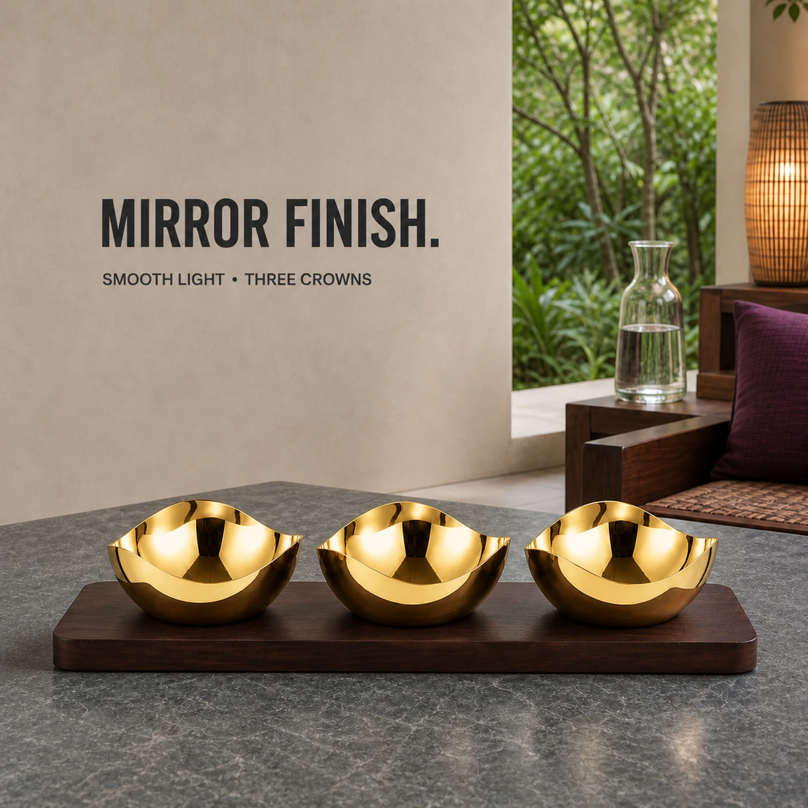 Mirror-Polished Gold-Plated Three-Petal Nut Bowl Set with Wooden Tray view 4