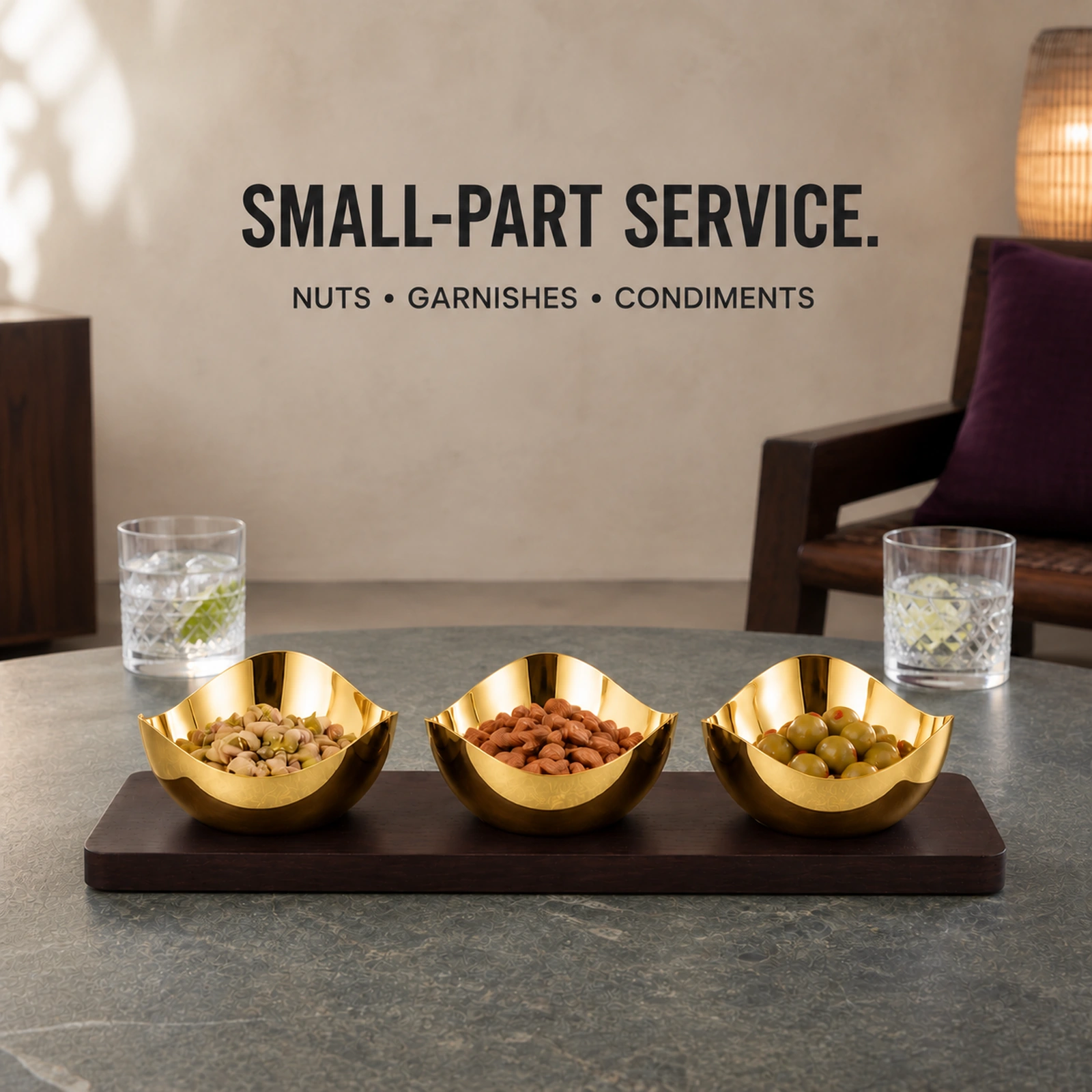 Mirror-Polished Gold-Plated Three-Petal Nut Bowl Set with Wooden Tray view 6