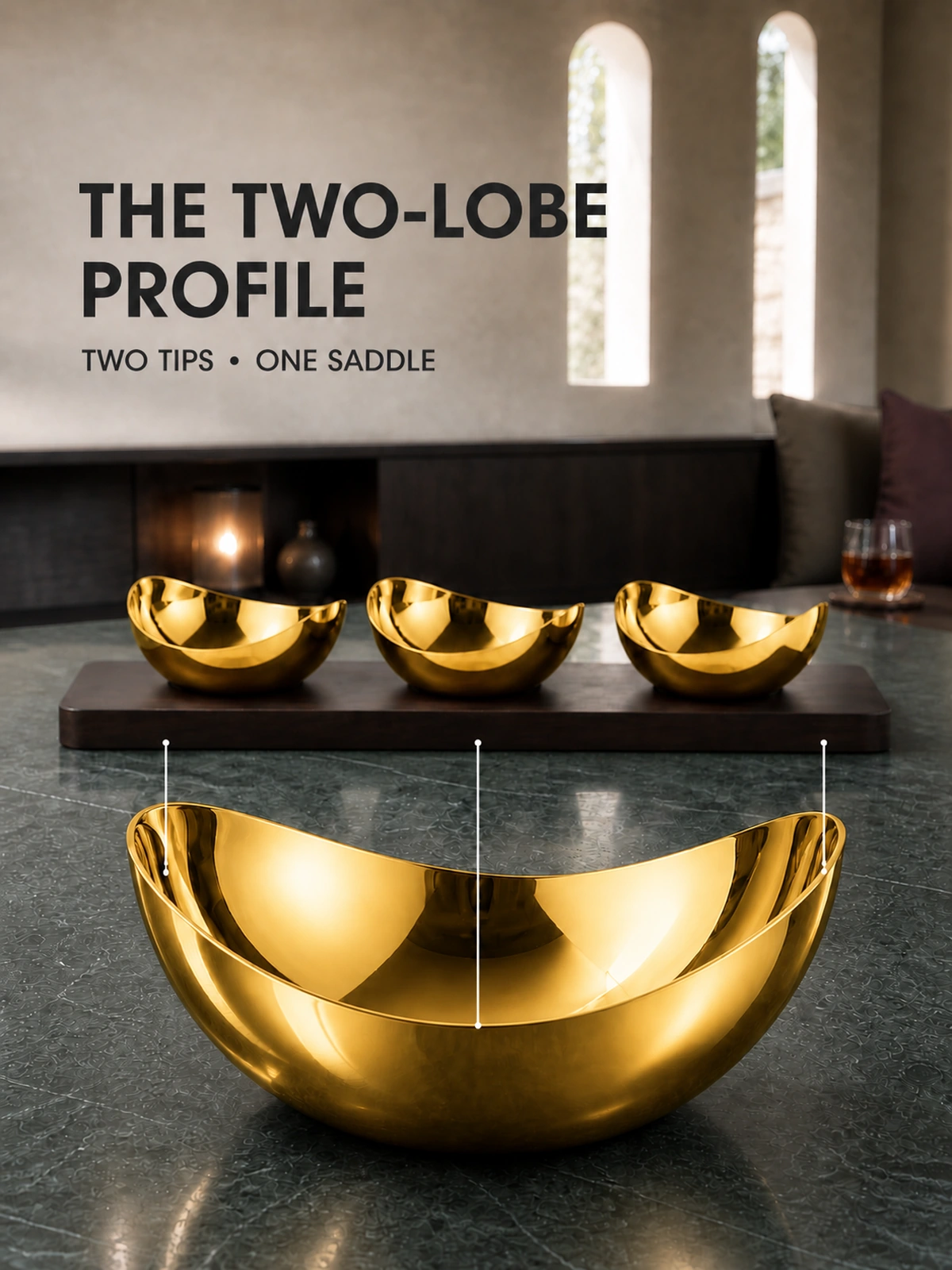 Complete Mirror-Polished Gold-Plated Two-Lobe Nut Bowl Set with Wooden Tray