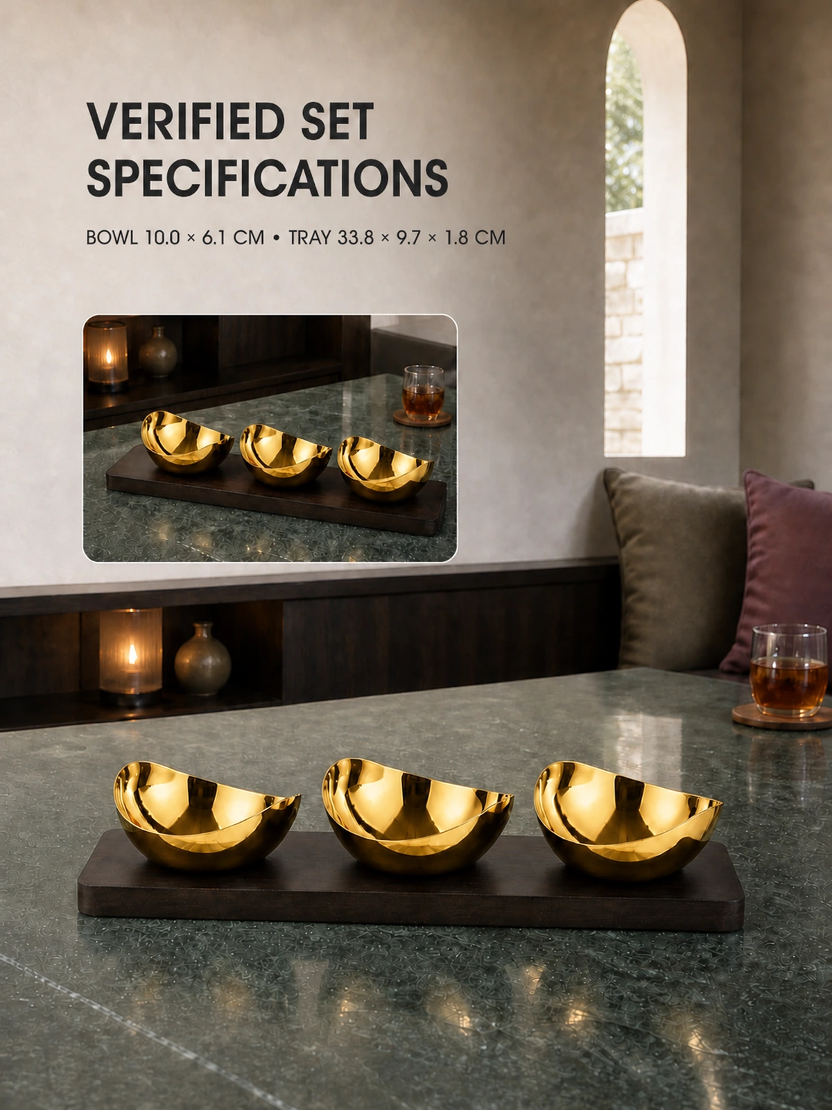 Bowl and tray dimensions of the Mirror-Polished Gold-Plated Two-Lobe Nut Bowl Set with Wooden Tray