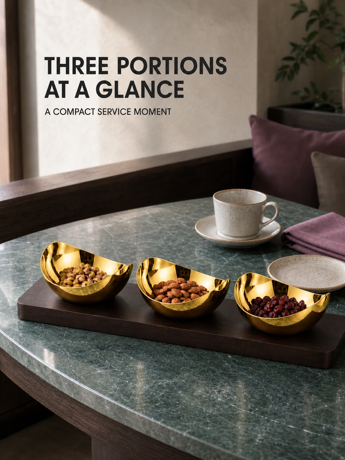 Tabletop use of the Mirror-Polished Gold-Plated Two-Lobe Nut Bowl Set with Wooden Tray