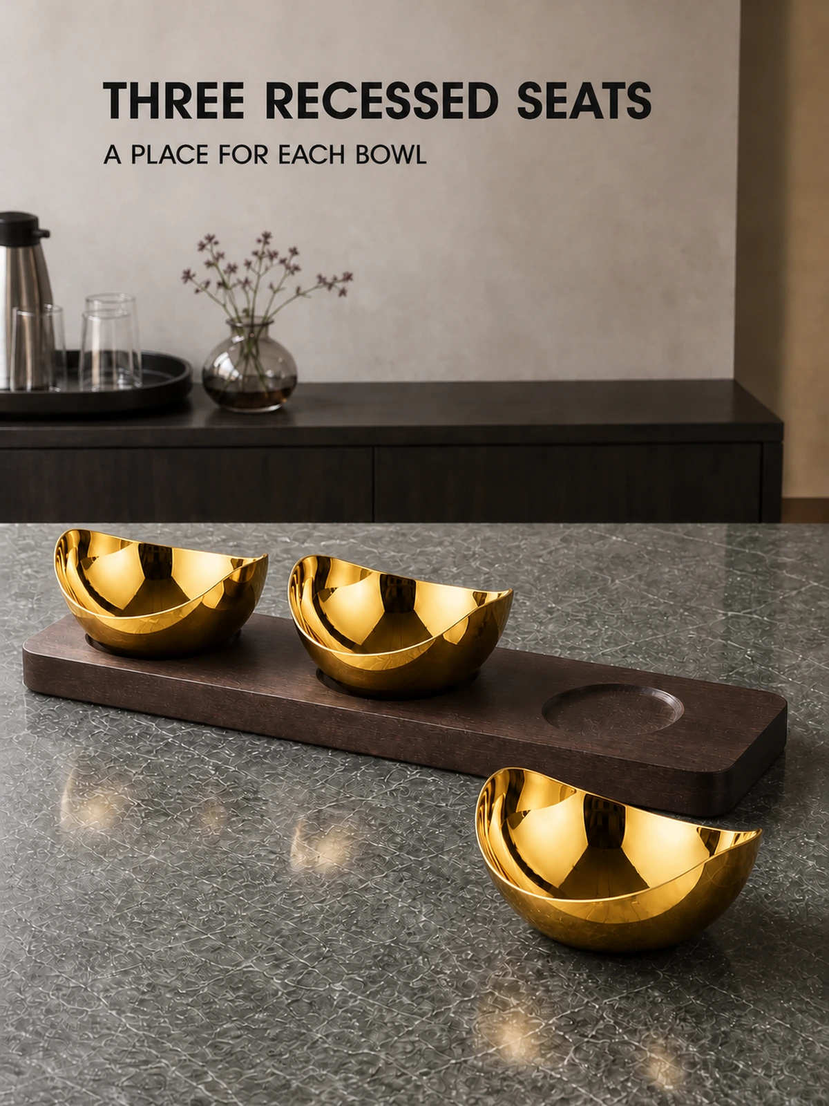 Wooden tray with recessed bowl seats