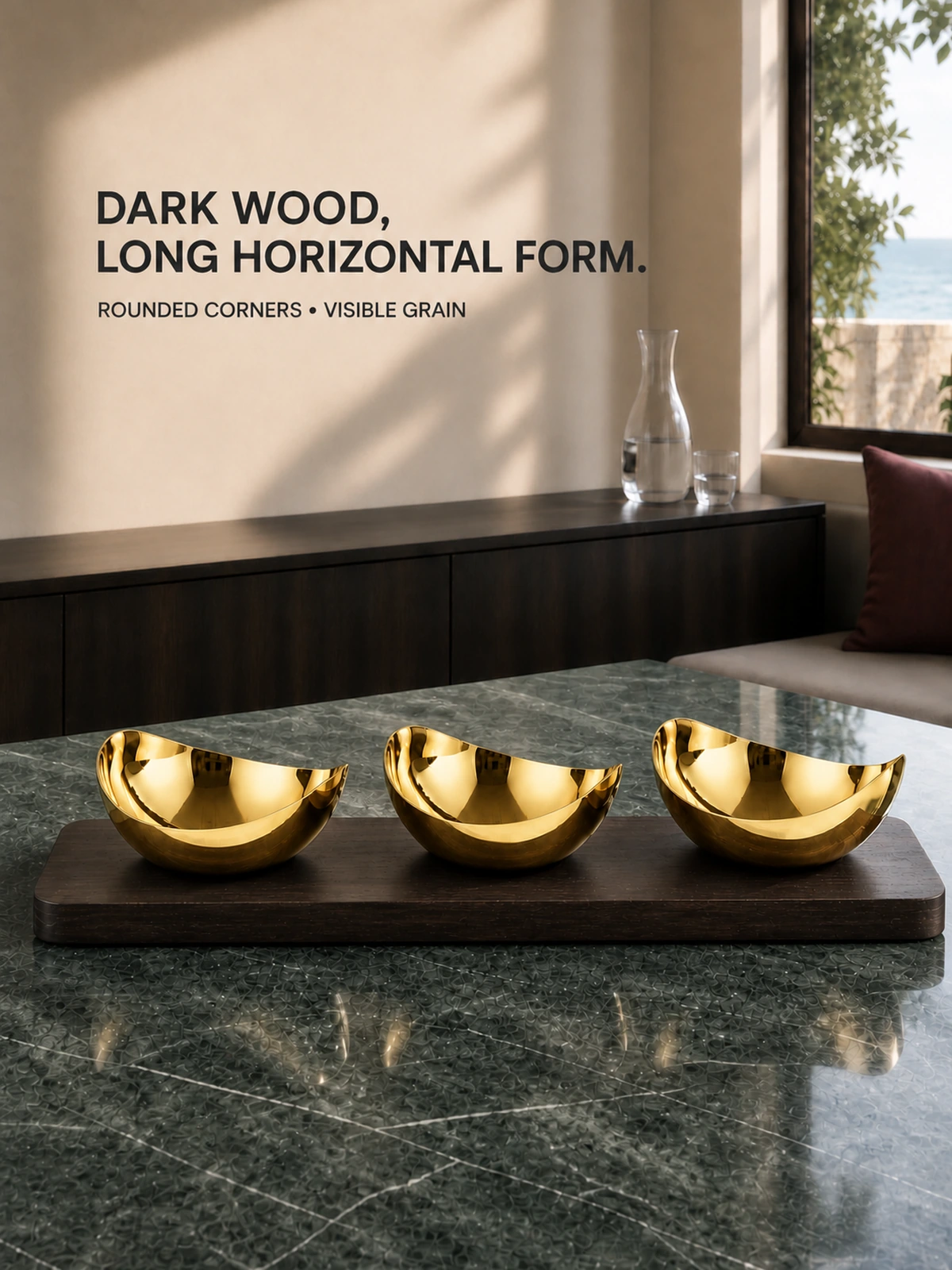 Dark wooden tray with rounded corners and visible grain