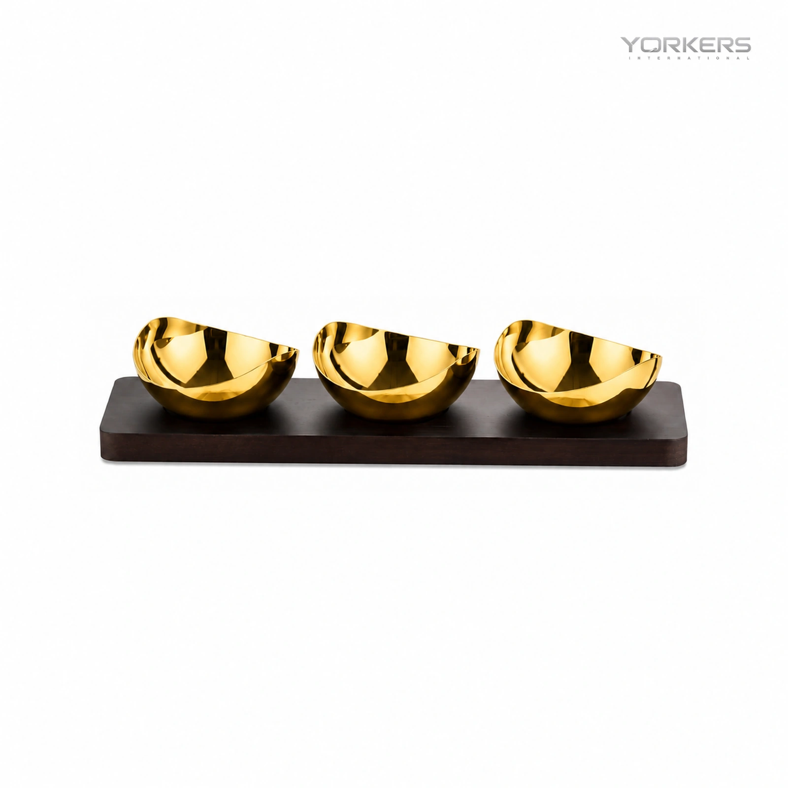 Mirror-Polished Gold-Plated Two-Lobe Nut Bowl Set with Wooden Tray — stainless steel product by Yorkers International