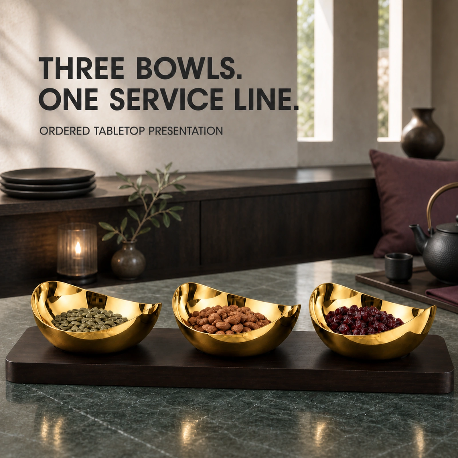Mirror-Polished Gold-Plated Two-Lobe Nut Bowl Set with Wooden Tray view 3