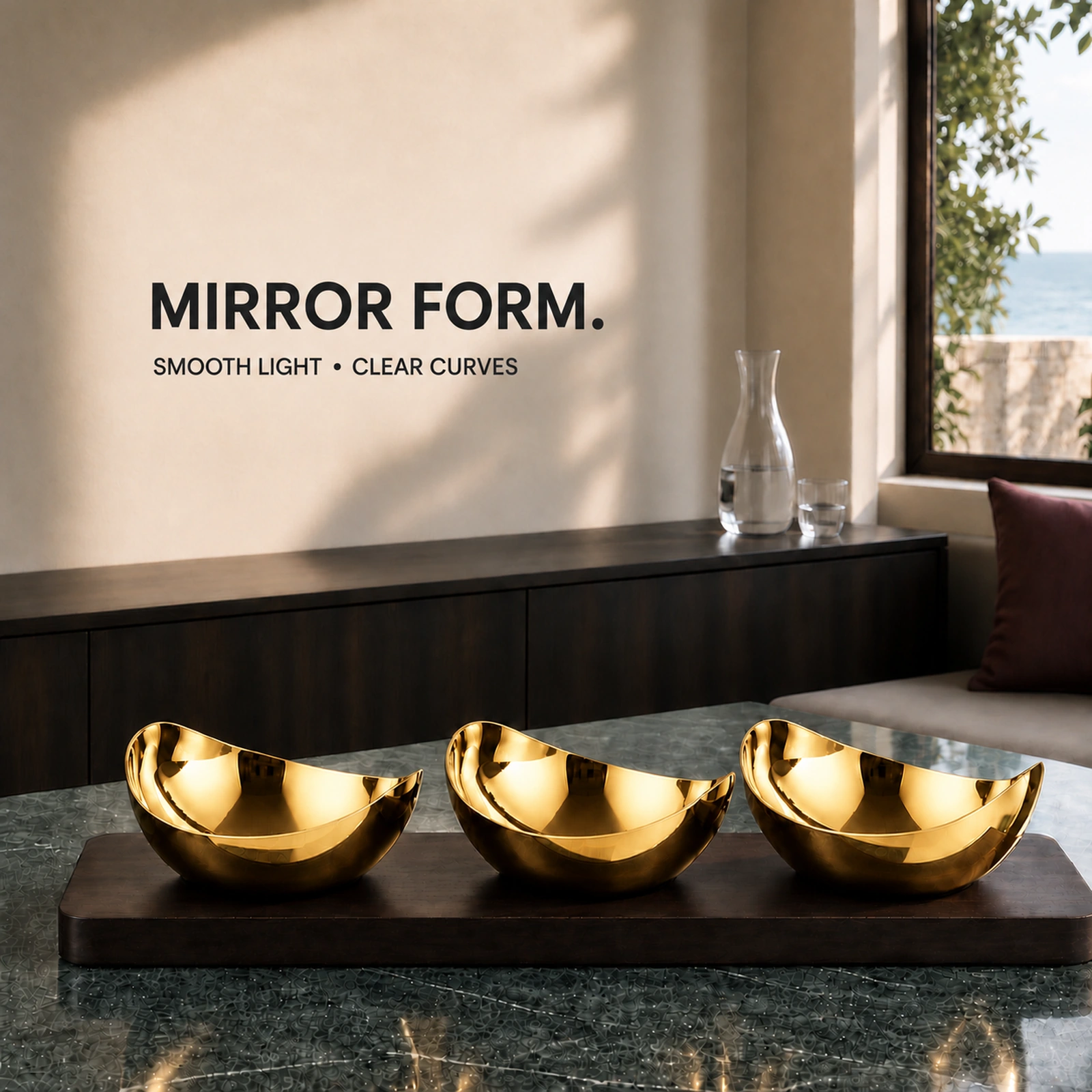 Mirror-Polished Gold-Plated Two-Lobe Nut Bowl Set with Wooden Tray view 4