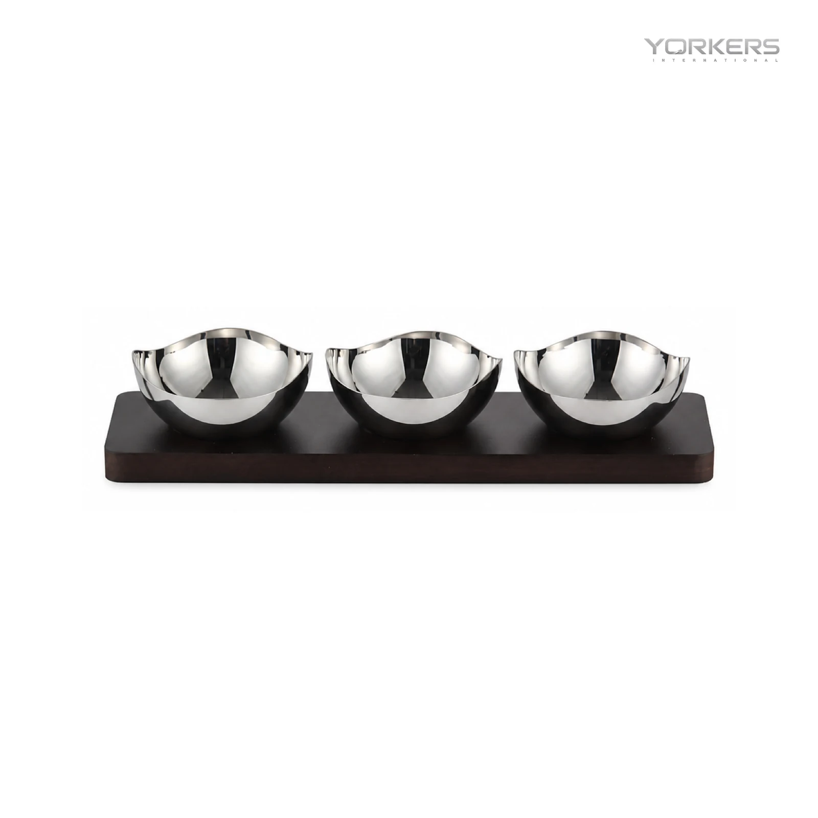Mirror-Polished Irregular Wave-Rim Nut Bowl Set with Wooden Tray — stainless steel product by Yorkers International