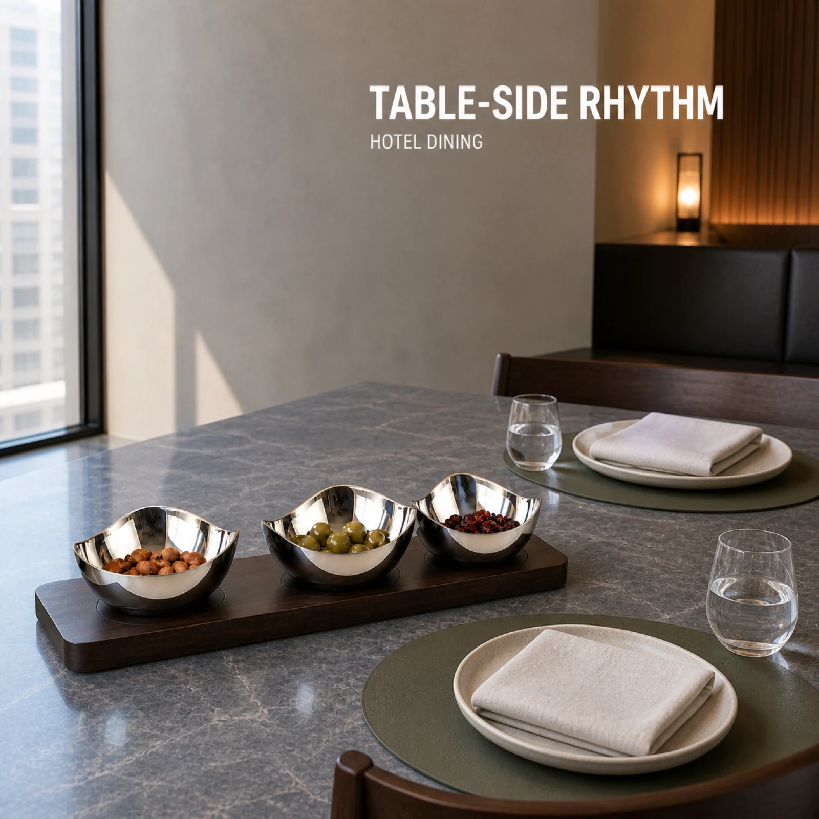 Mirror-Polished Irregular Wave-Rim Nut Bowl Set with Wooden Tray view 3
