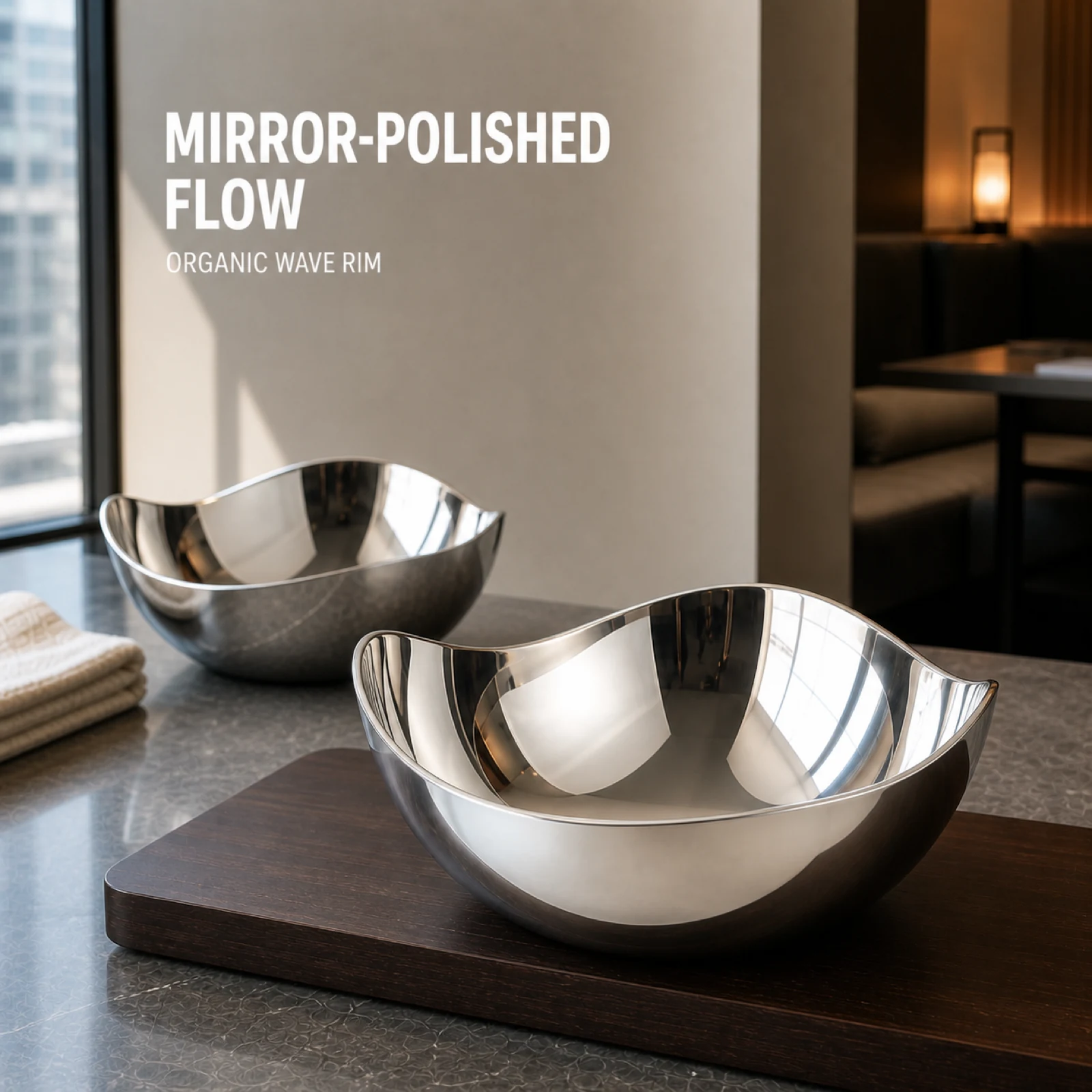 Mirror-Polished Irregular Wave-Rim Nut Bowl Set with Wooden Tray view 6