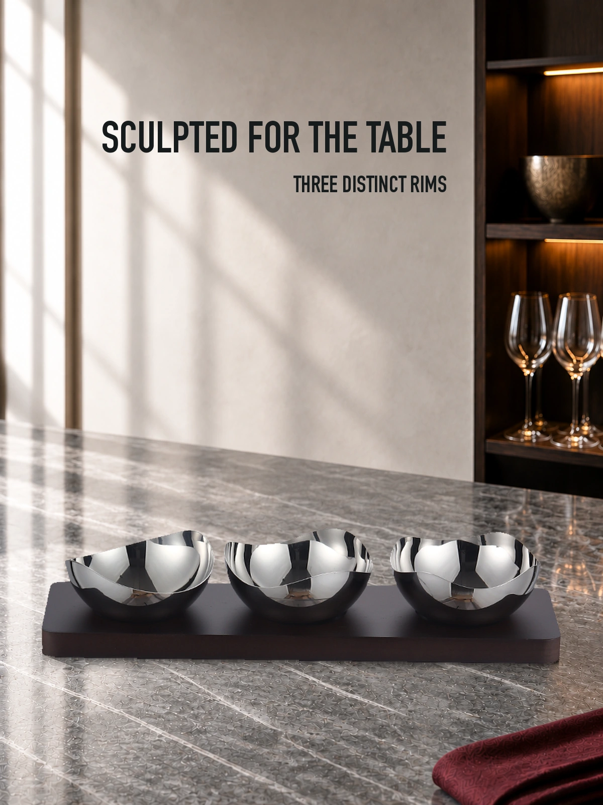 Complete Mirror-Polished Mixed-Wave Nut Bowl Set with Wooden Tray
