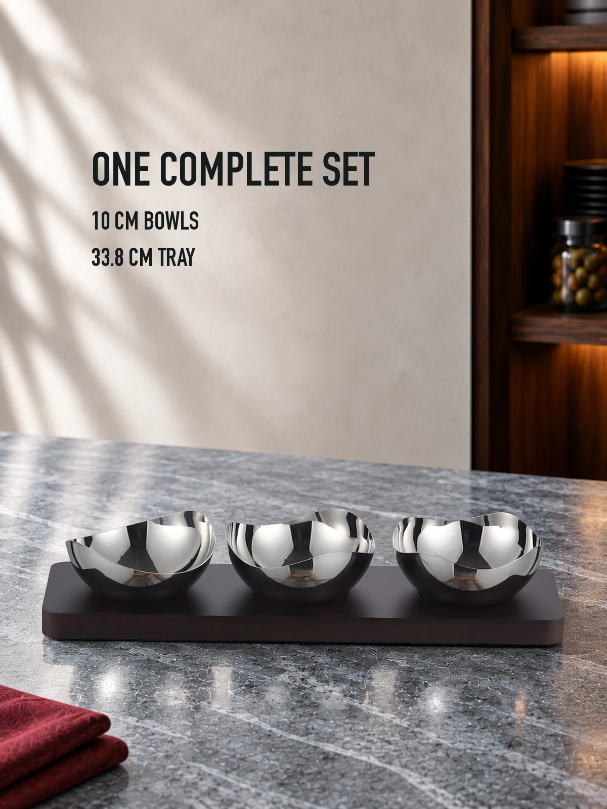 Bowl and tray dimensions of the Mirror-Polished Mixed-Wave Nut Bowl Set with Wooden Tray