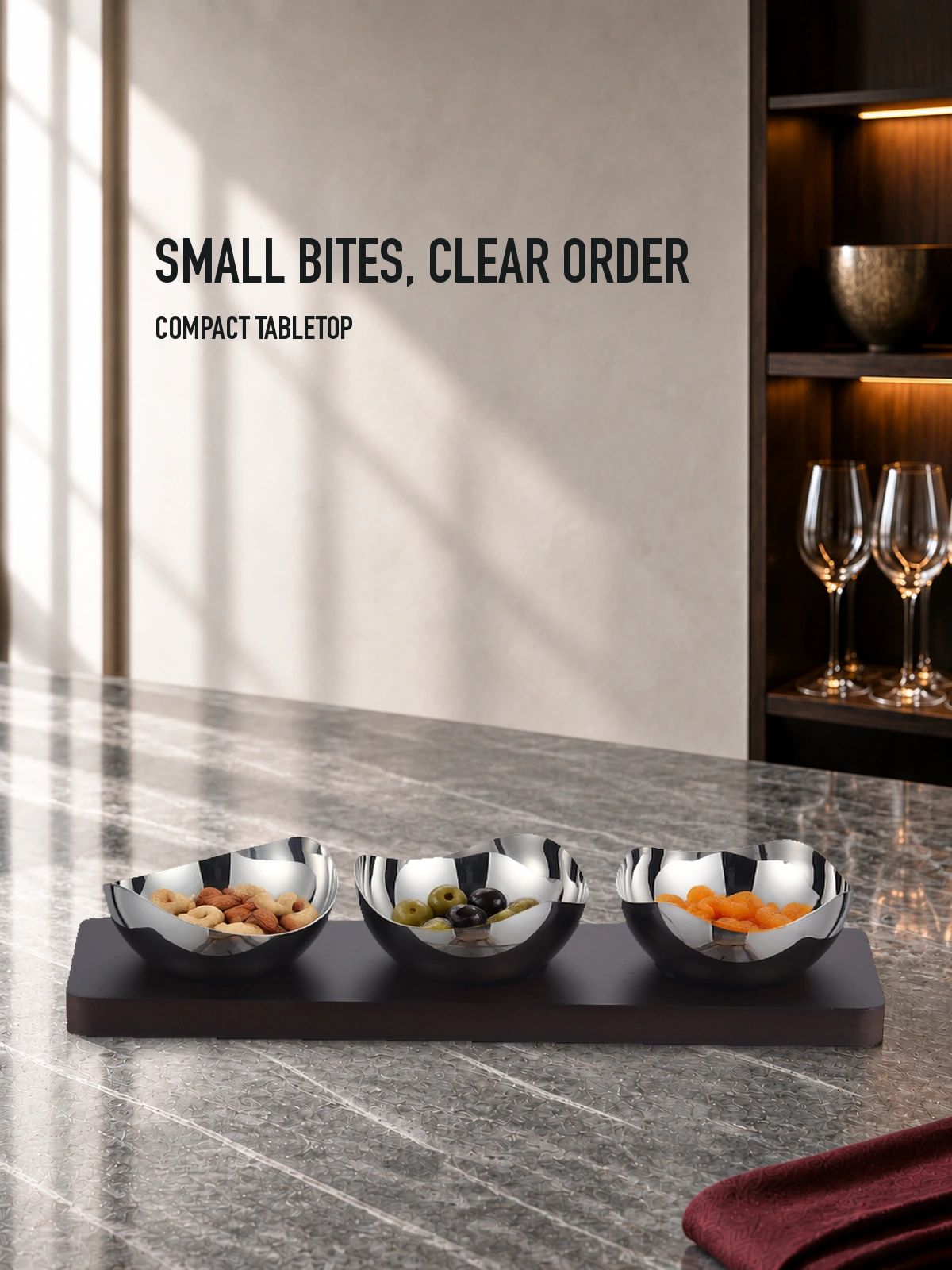 Tabletop use of the Mirror-Polished Mixed-Wave Nut Bowl Set with Wooden Tray