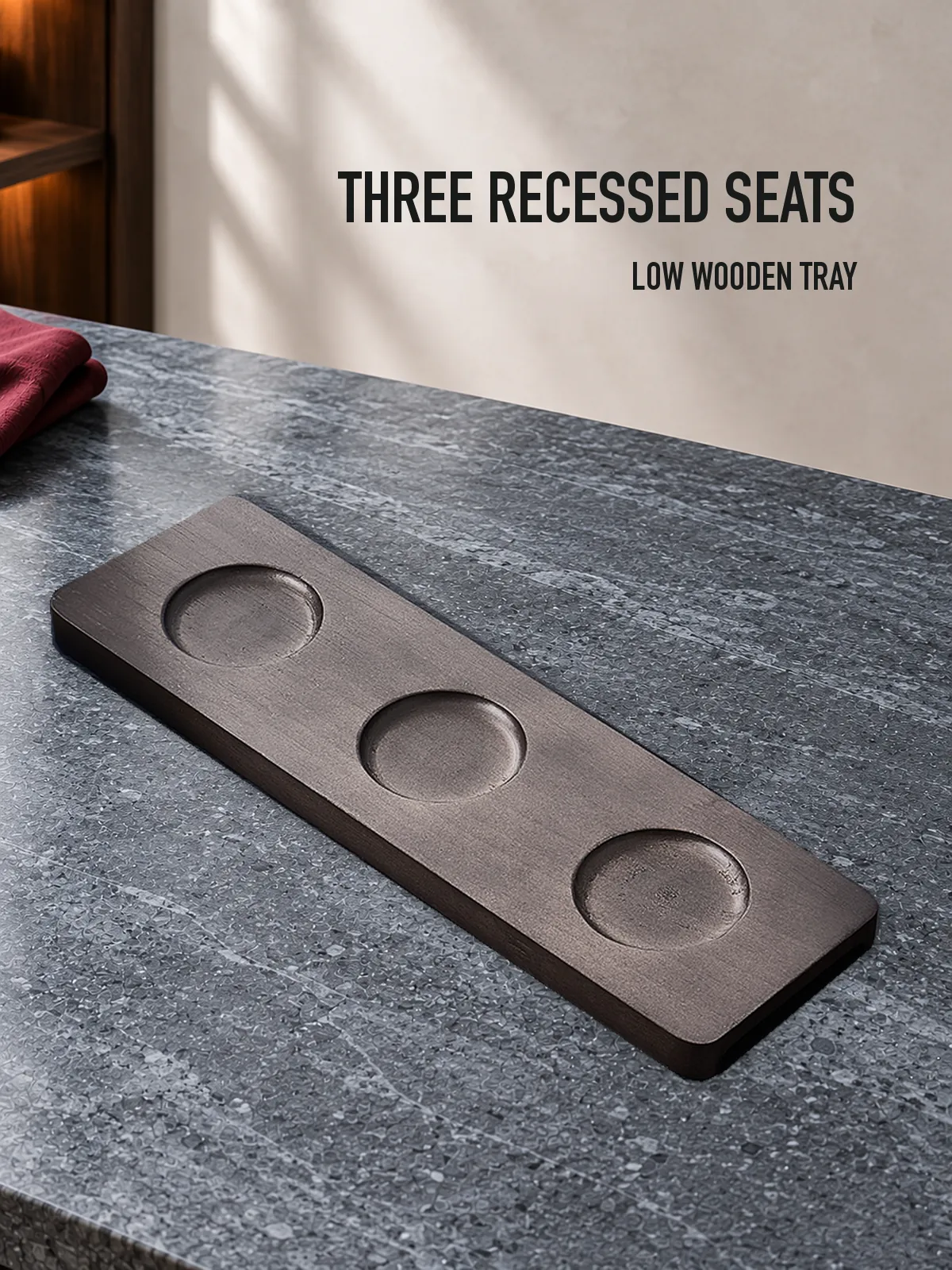 Wooden tray with recessed bowl seats