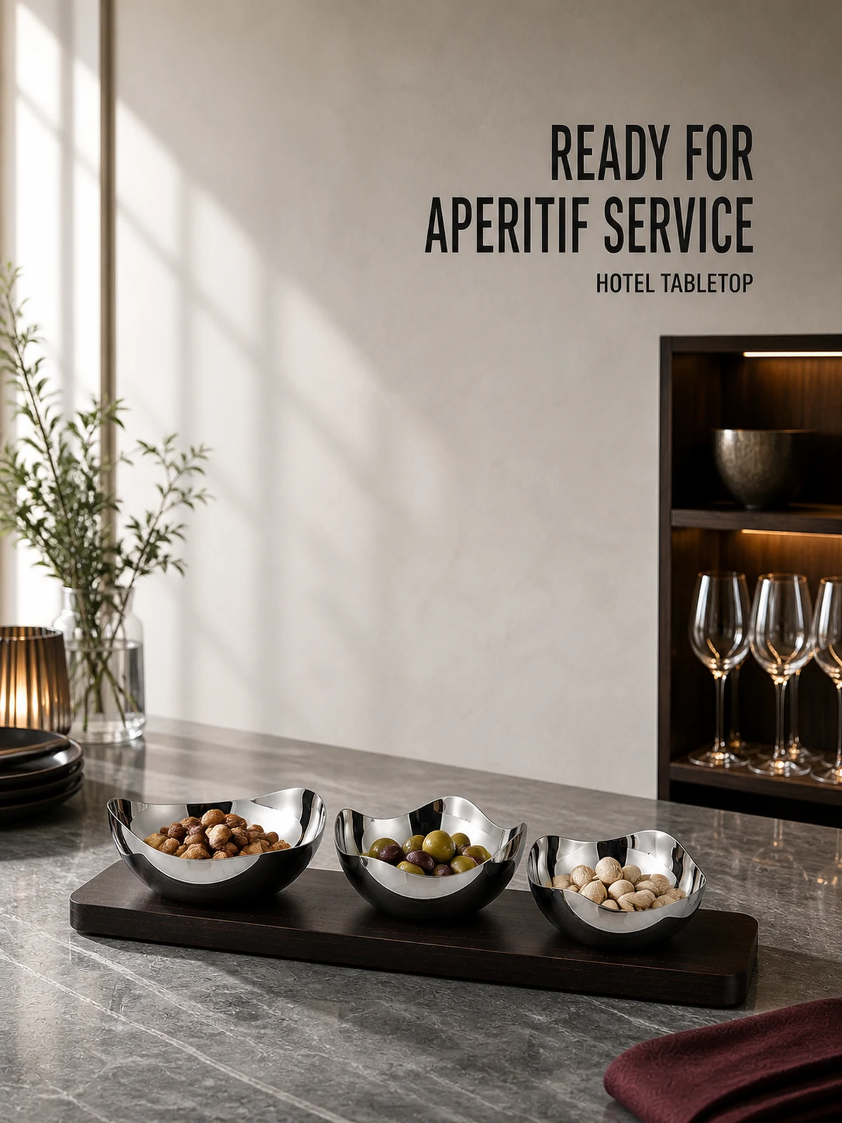 Hospitality use of the three-bowl tray set