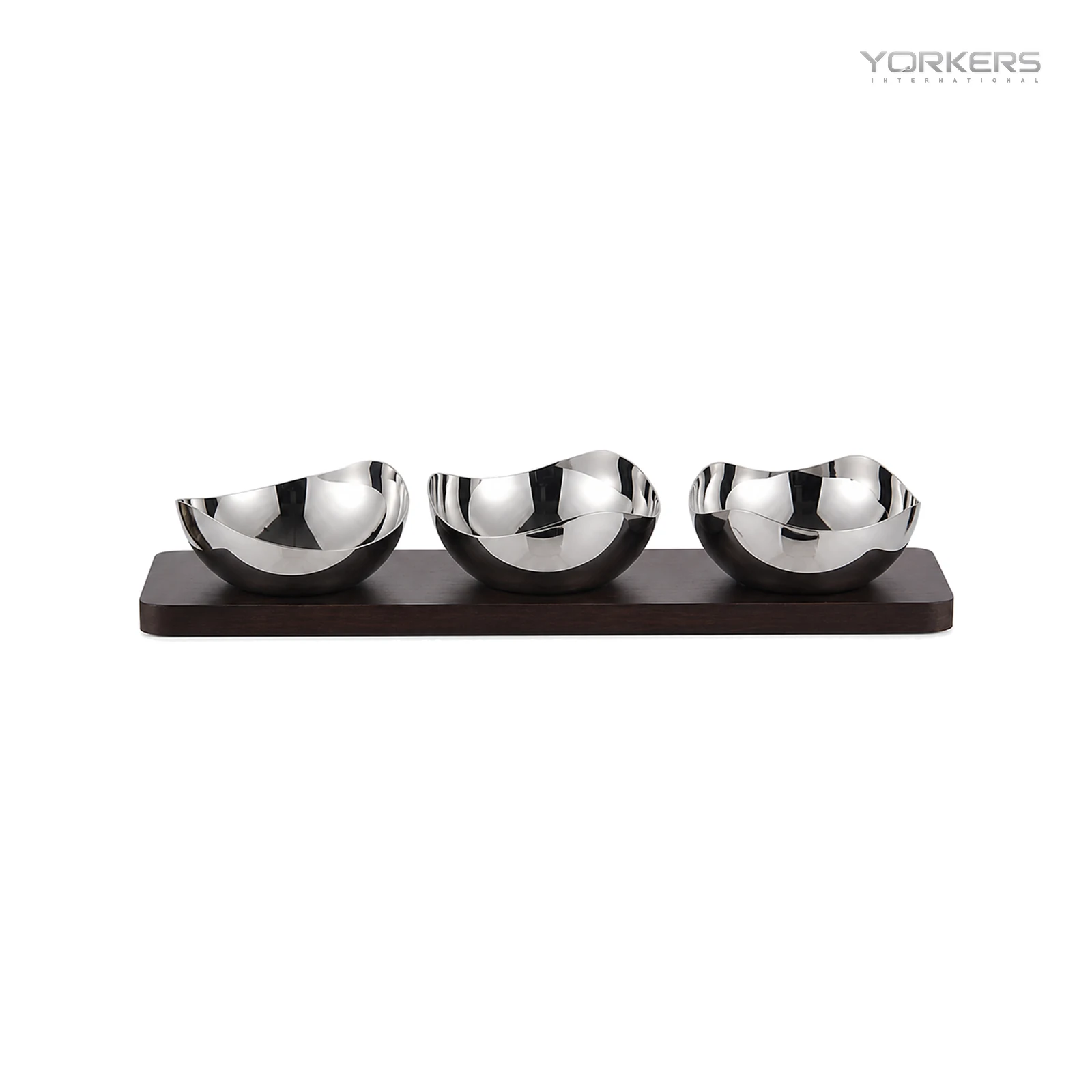 Mirror-Polished Mixed-Wave Nut Bowl Set with Wooden Tray — stainless steel product by Yorkers International