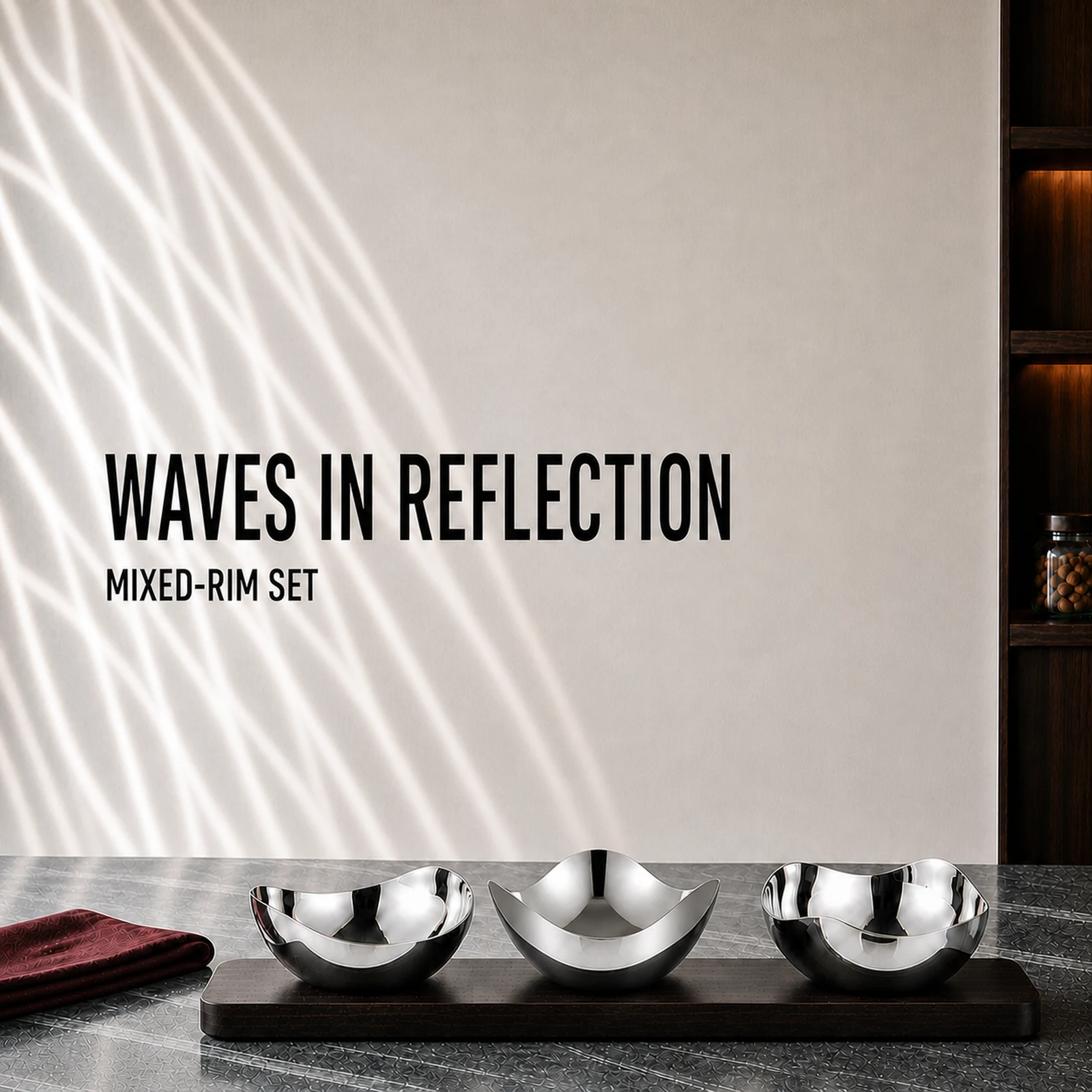 Mirror-Polished Mixed-Wave Nut Bowl Set with Wooden Tray view 2