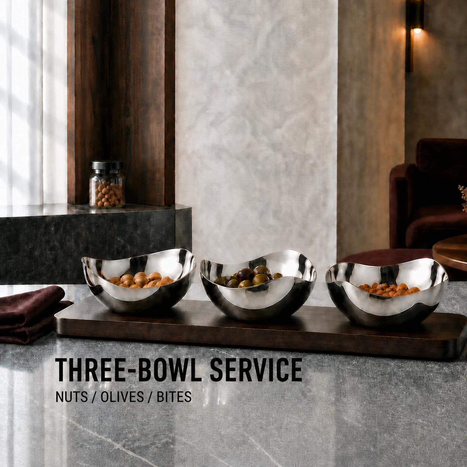 Mirror-Polished Mixed-Wave Nut Bowl Set with Wooden Tray view 3