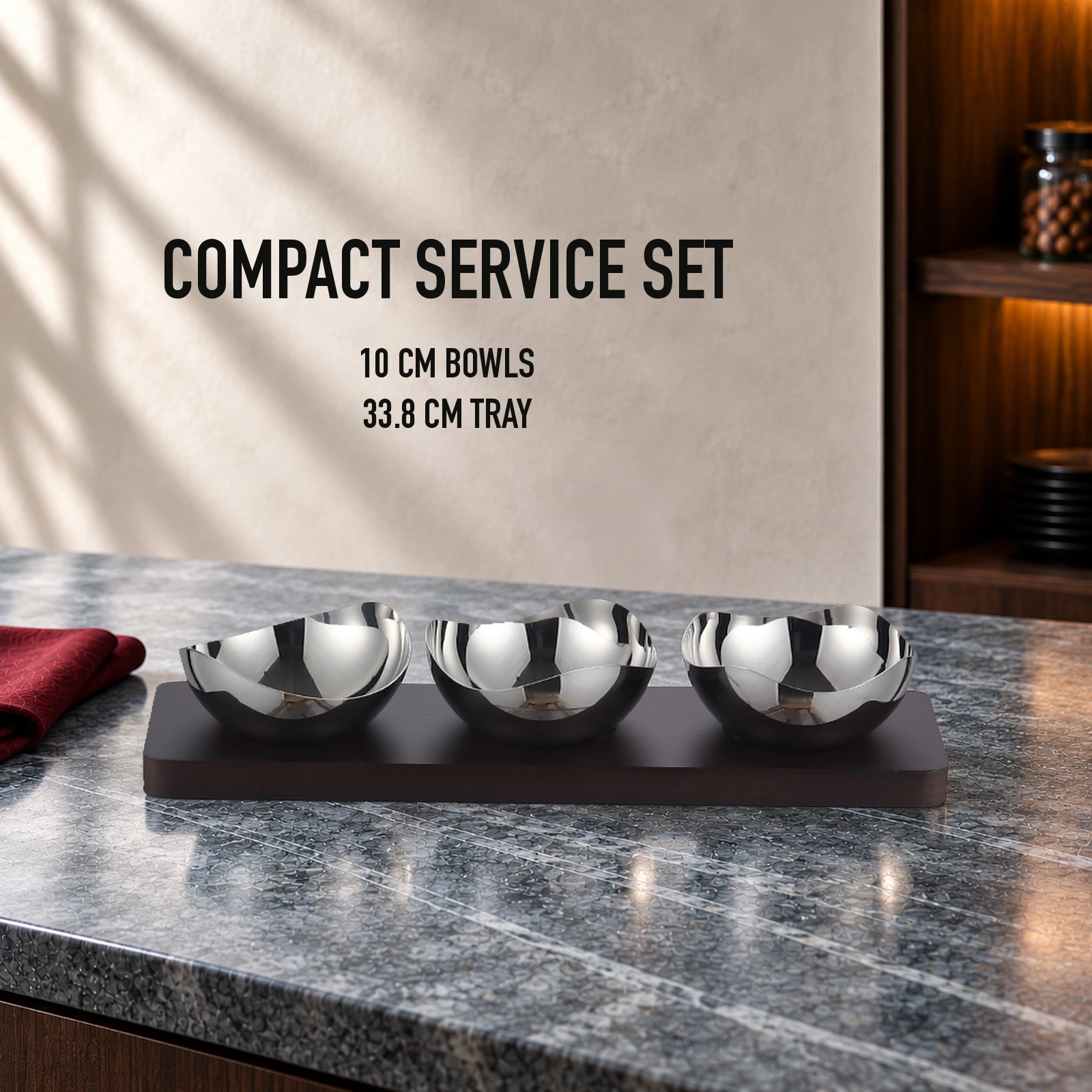 Mirror-Polished Mixed-Wave Nut Bowl Set with Wooden Tray view 4