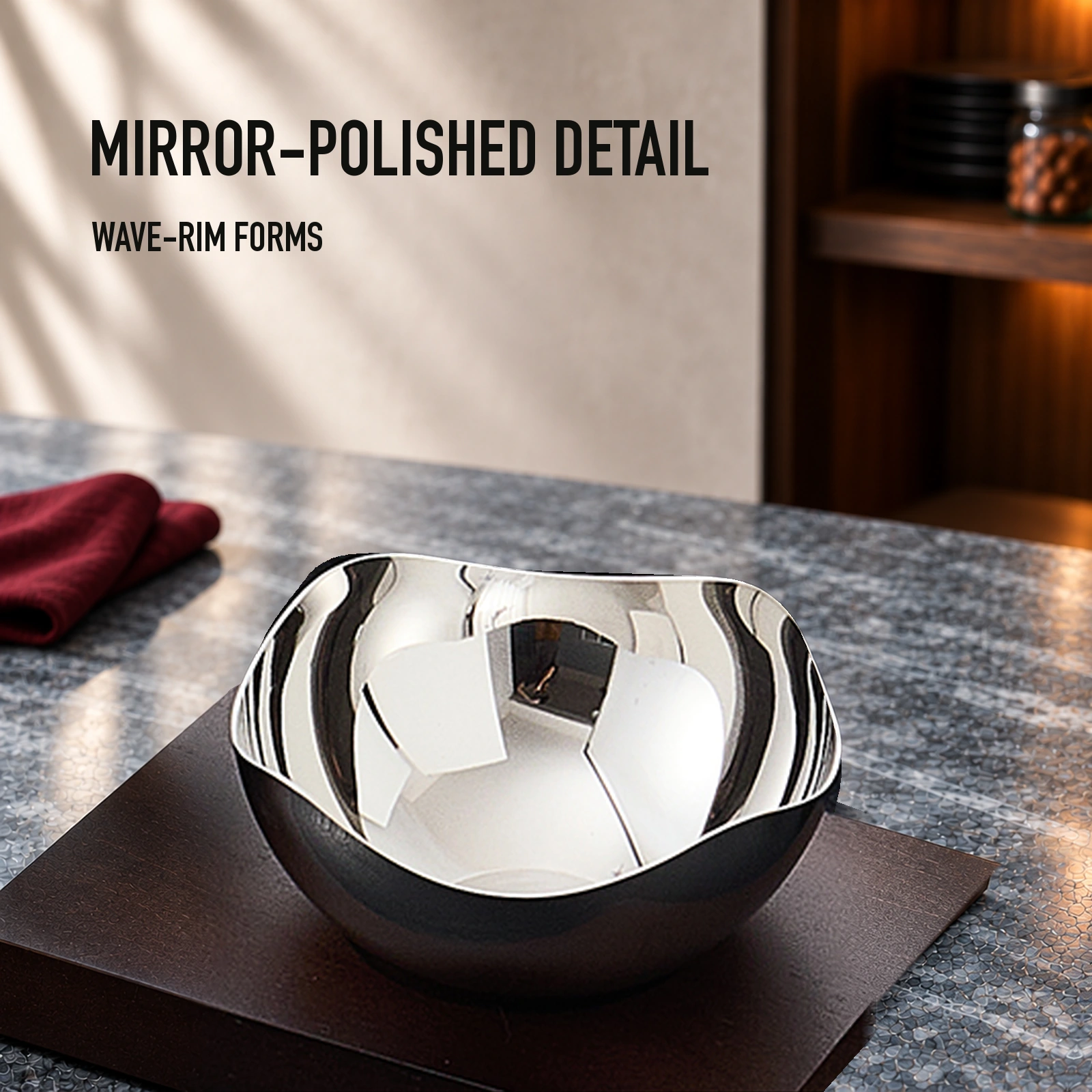 Mirror-Polished Mixed-Wave Nut Bowl Set with Wooden Tray view 6