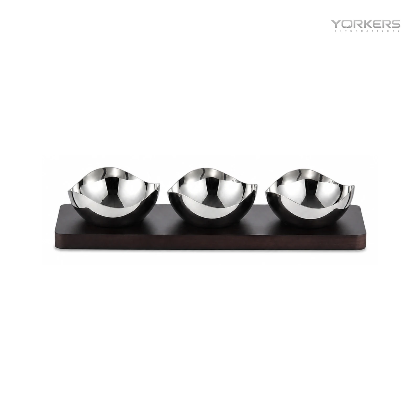 Mirror-Polished Three-Petal Nut Bowl Set with Wooden Tray — stainless steel product by Yorkers International