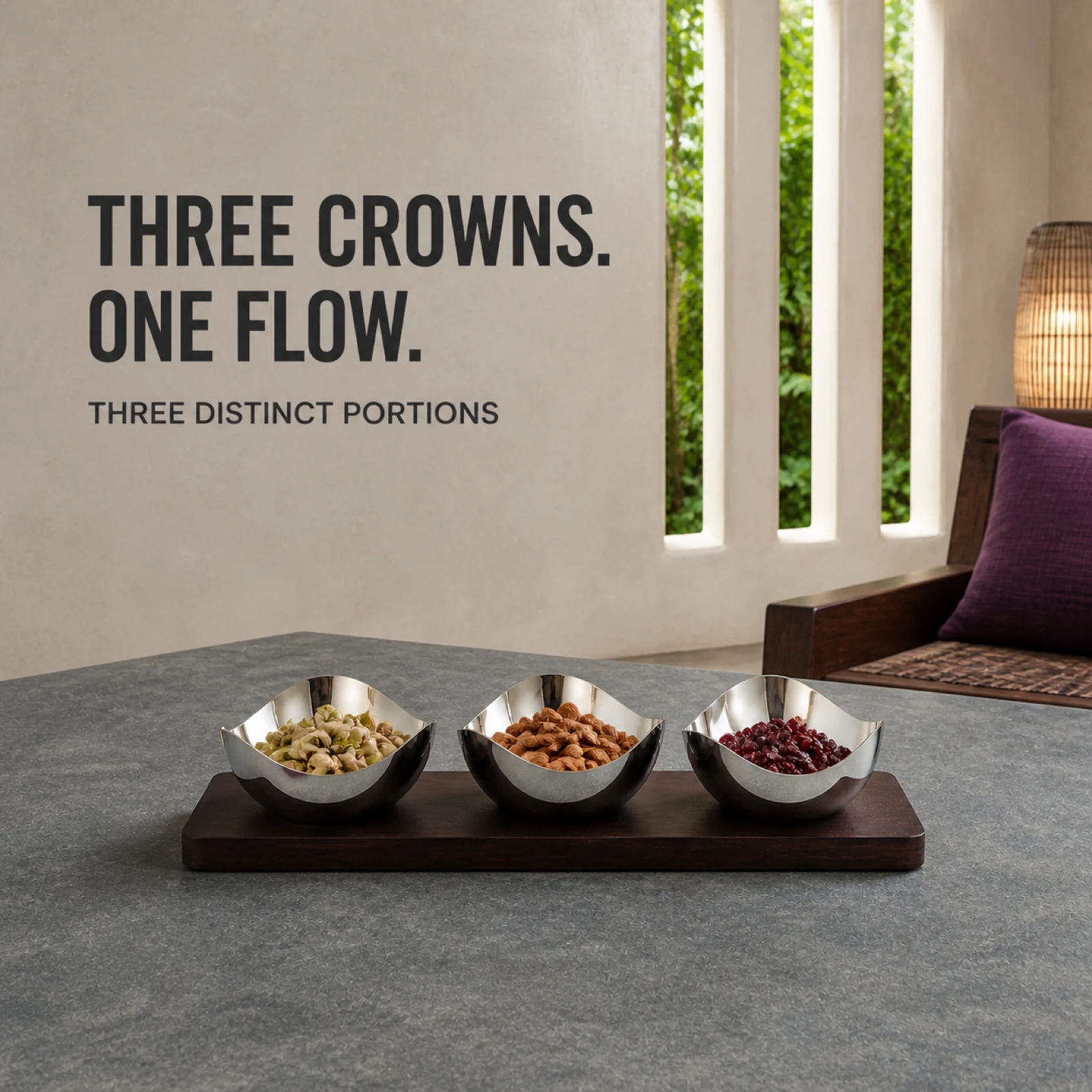 Mirror-Polished Three-Petal Nut Bowl Set with Wooden Tray view 2