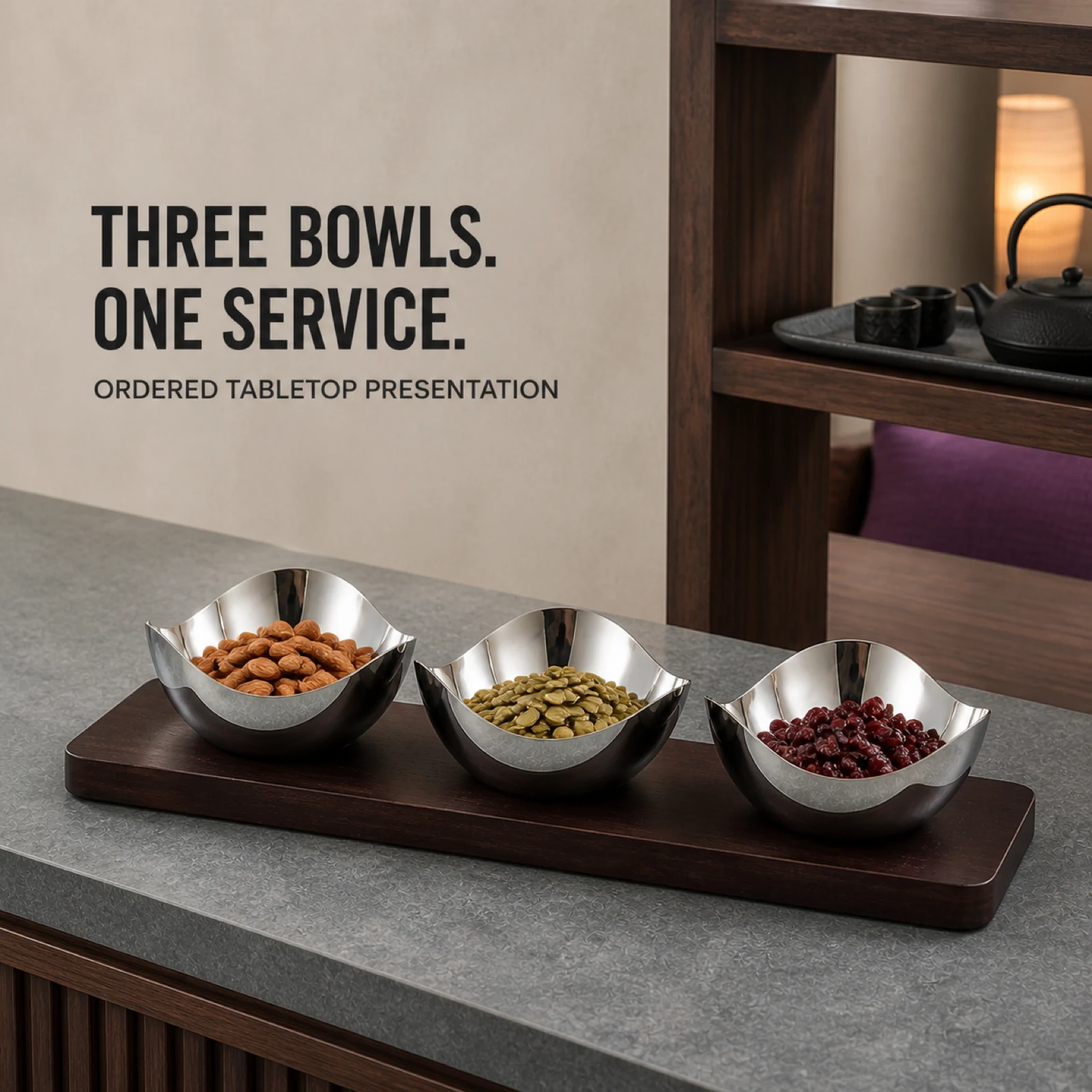 Mirror-Polished Three-Petal Nut Bowl Set with Wooden Tray view 3