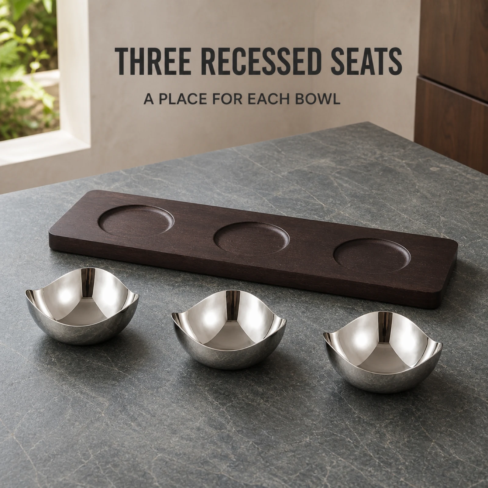 Mirror-Polished Three-Petal Nut Bowl Set with Wooden Tray view 5