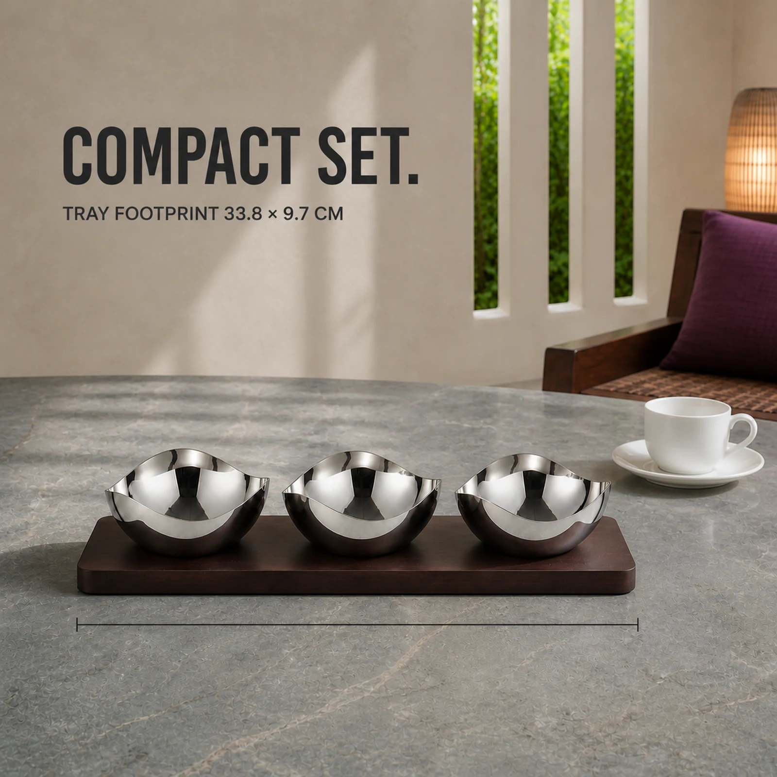 Mirror-Polished Three-Petal Nut Bowl Set with Wooden Tray view 7