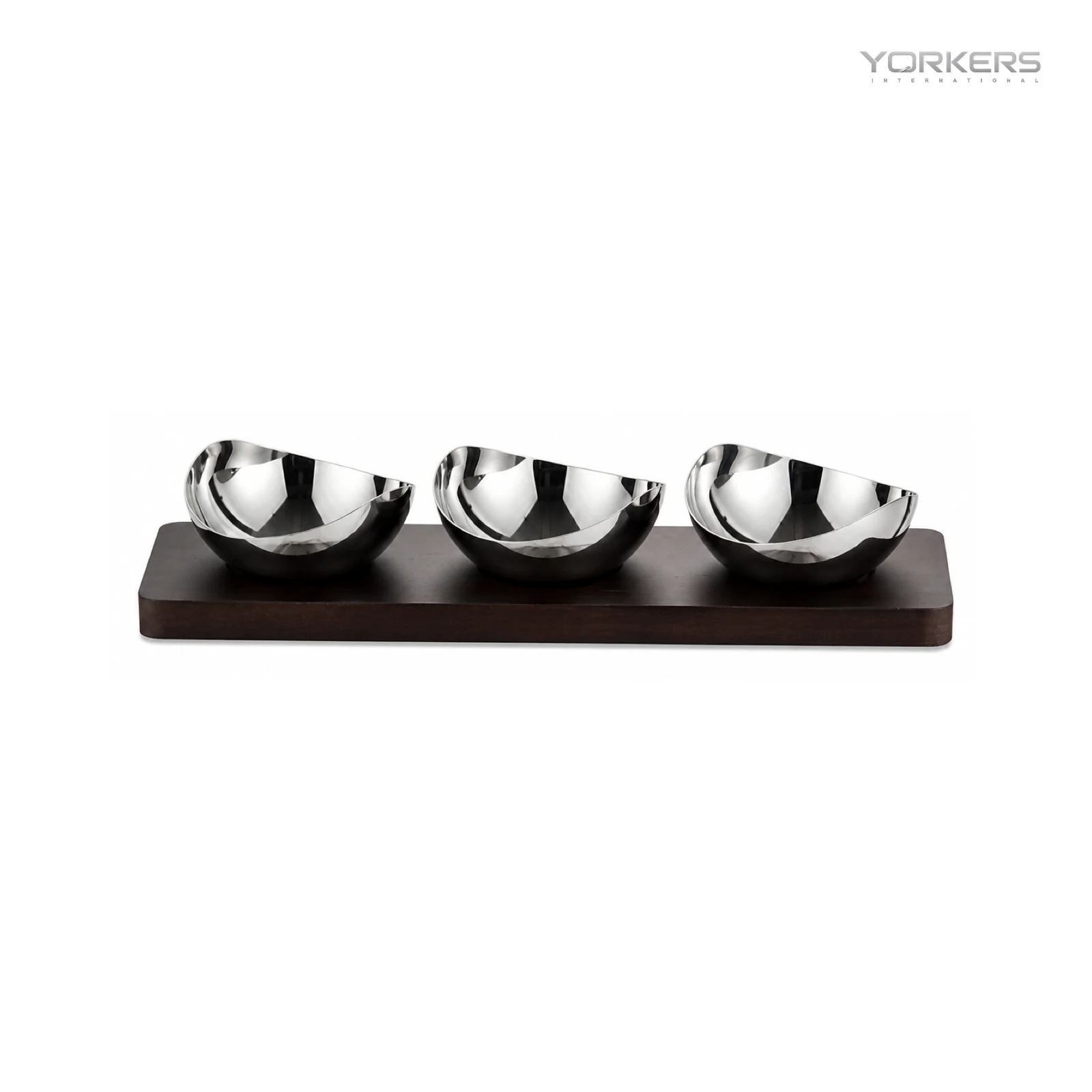 Mirror-Polished Two-Lobe Nut Bowl Set with Wooden Tray — stainless steel product by Yorkers International