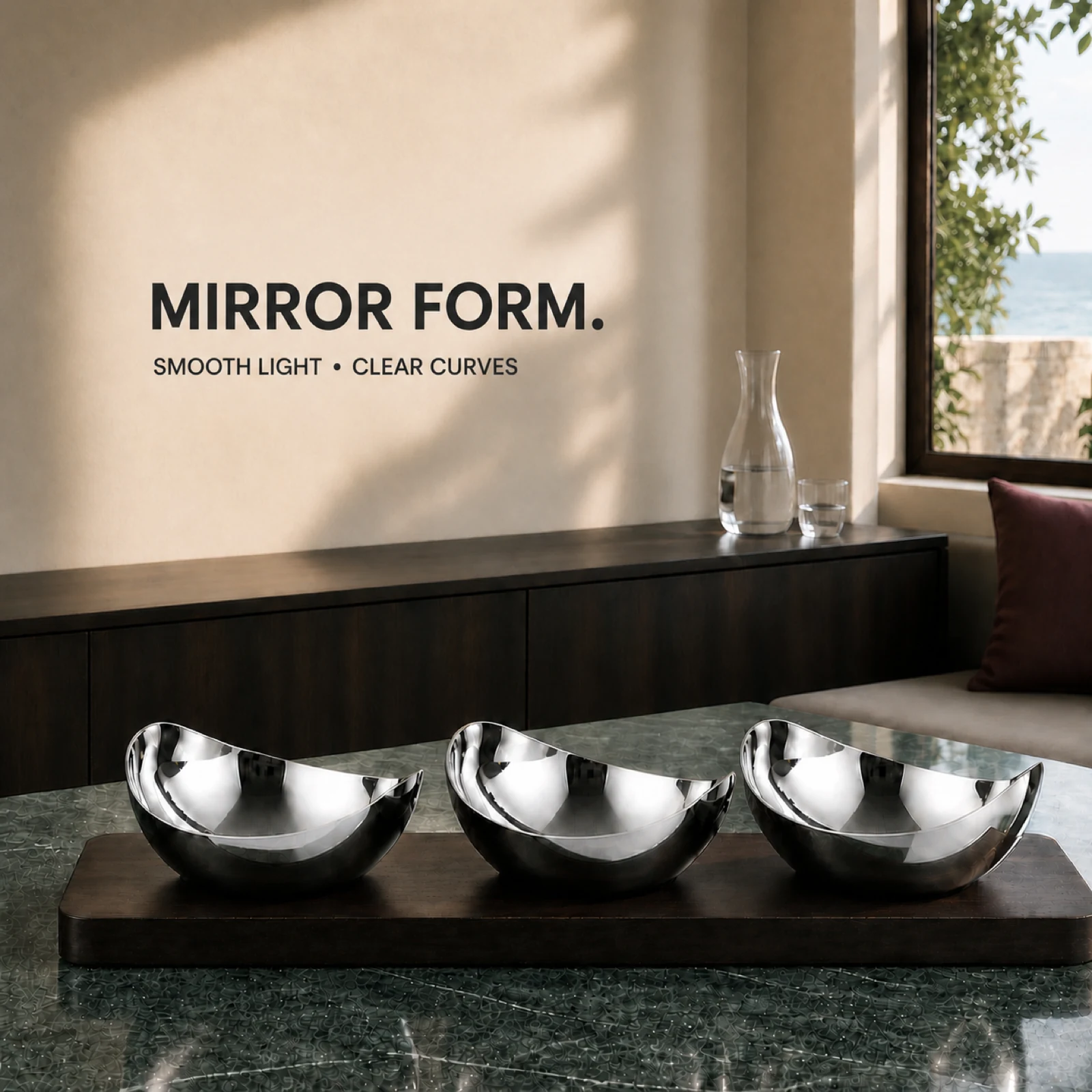 Mirror-Polished Two-Lobe Nut Bowl Set with Wooden Tray view 4
