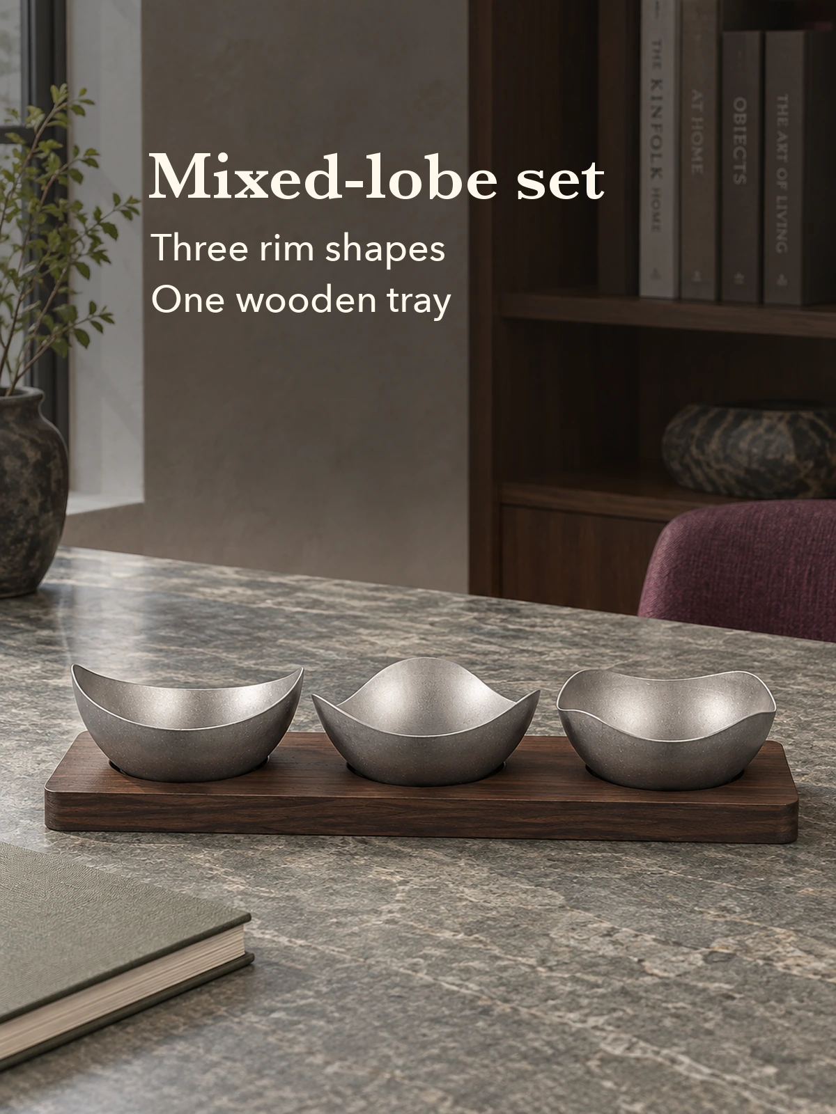 Three distinct rim shapes together on one wooden tray