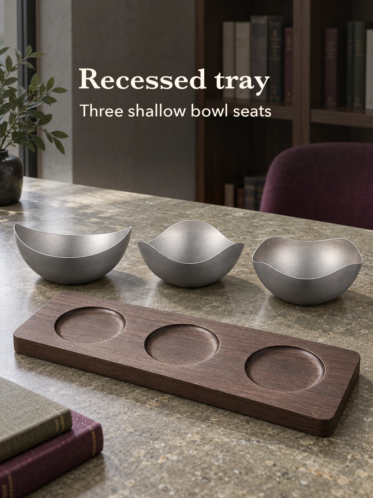 Three circular tray recesses and removable bowls